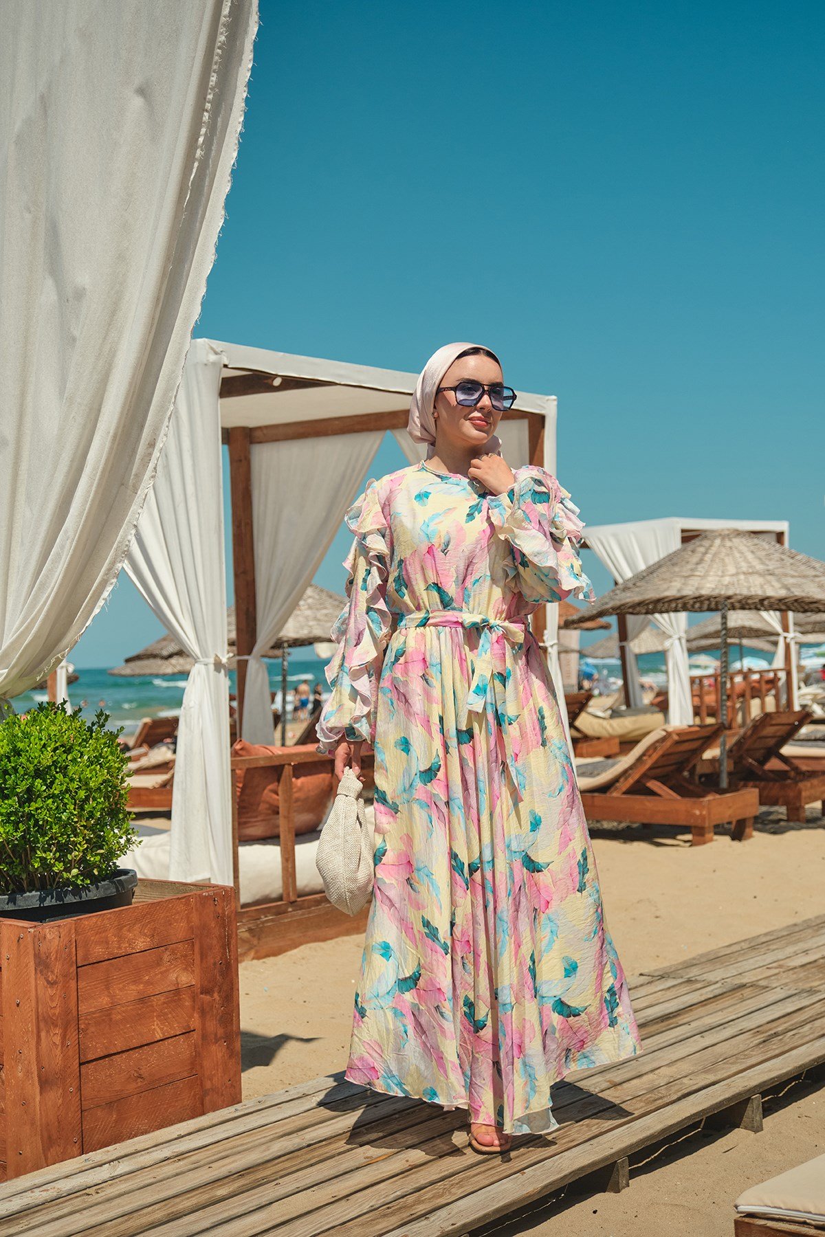 Yaprak Desen İçi Astarlı Bel Bağlamalı Tül Elbise Sarı