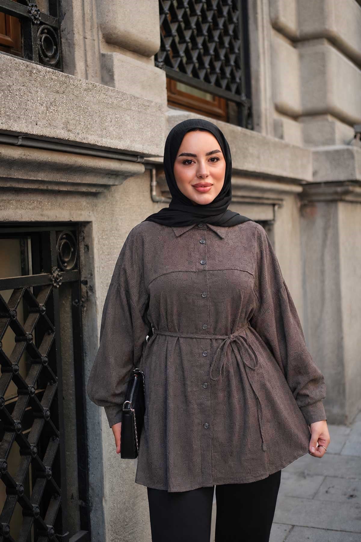 Yaprak Desenli Bel Bağlamalı Gömlek Koyu Vizon