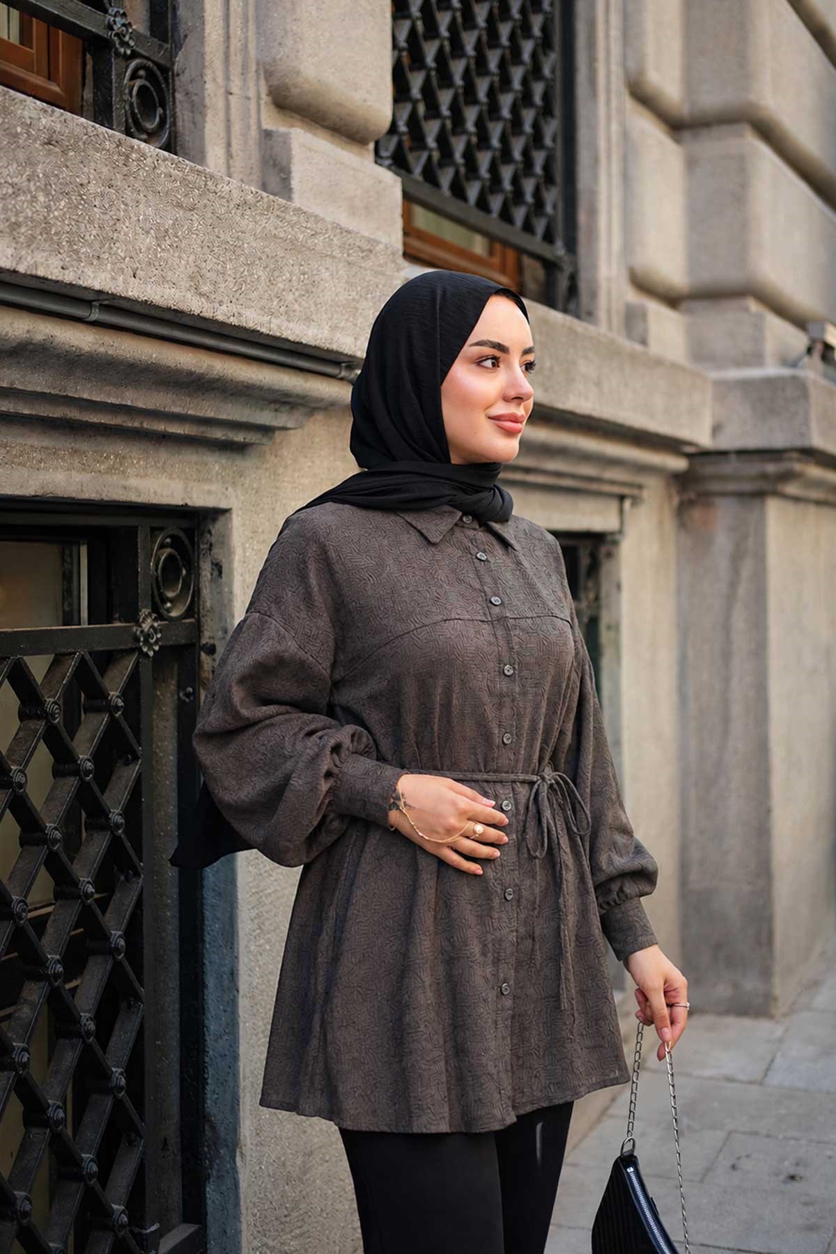 Yaprak Desenli Bel Bağlamalı Gömlek Koyu Vizon
