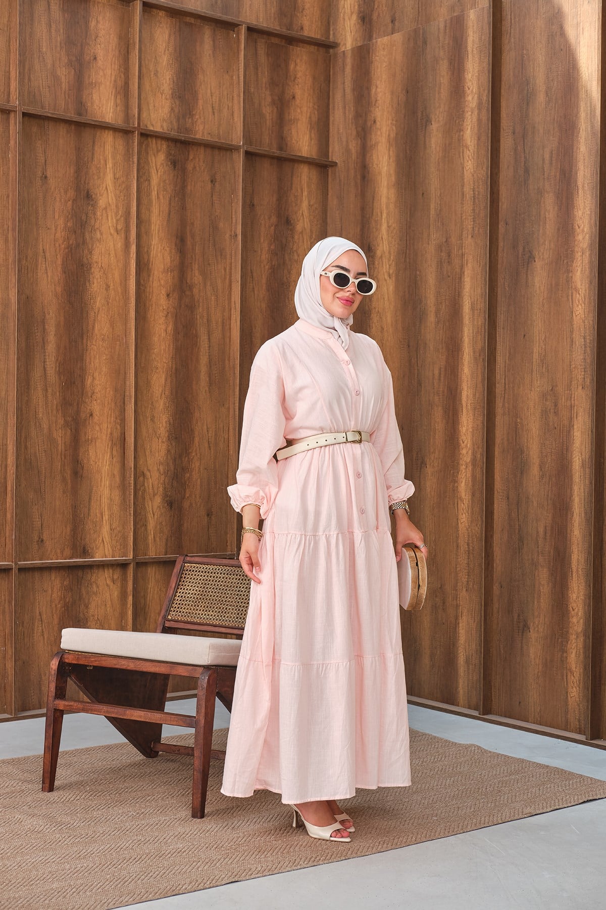 Yarim Düğmeli Hakim Yaka Elbise Toz Pembe