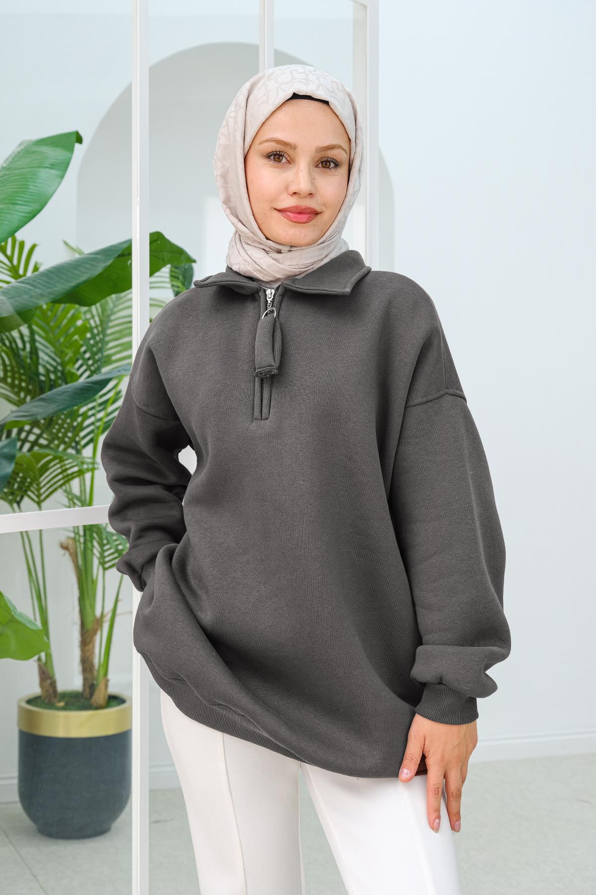 Yarım Fermuar Detay Sweat Füme