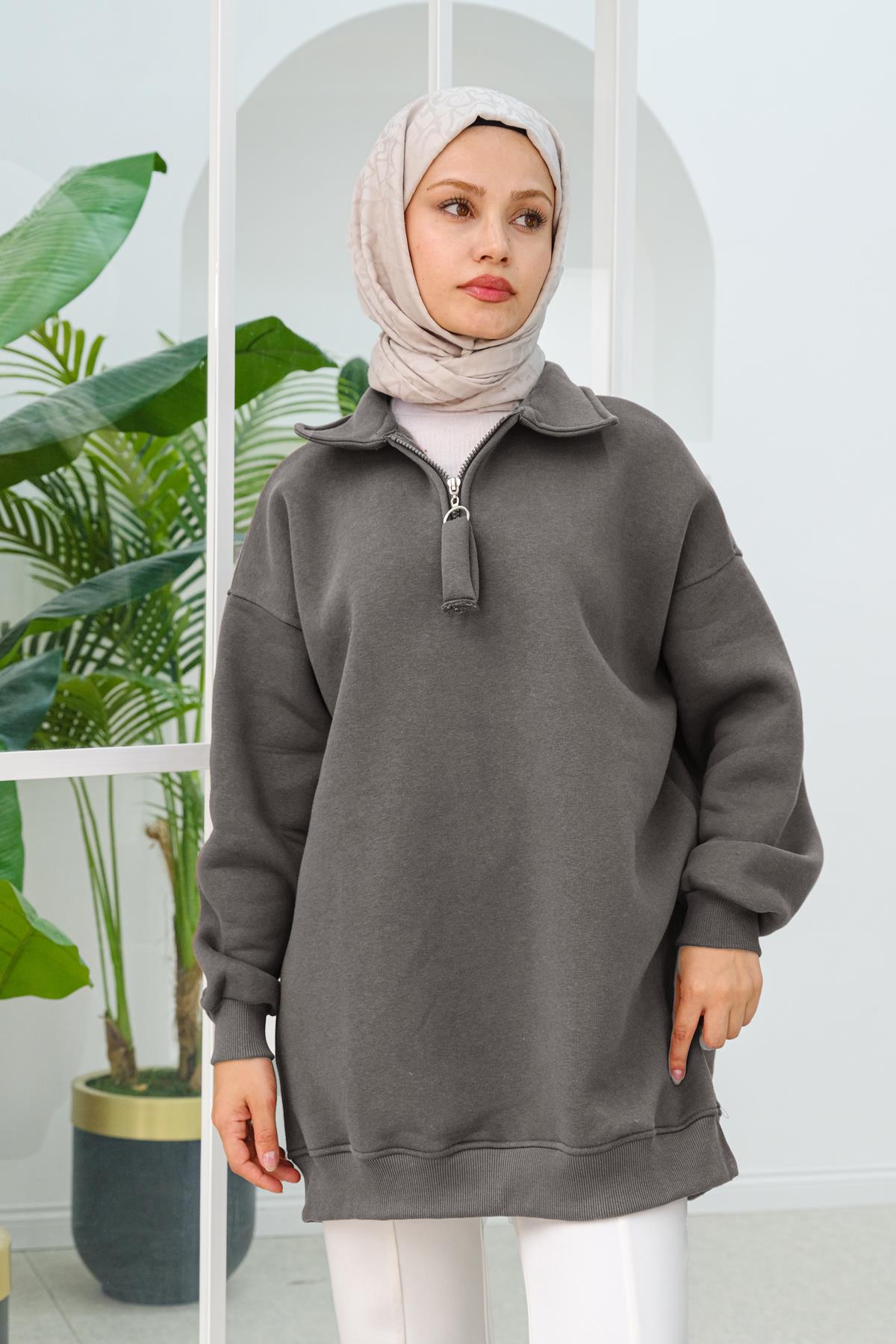 Yarım Fermuar Detay Sweat Füme