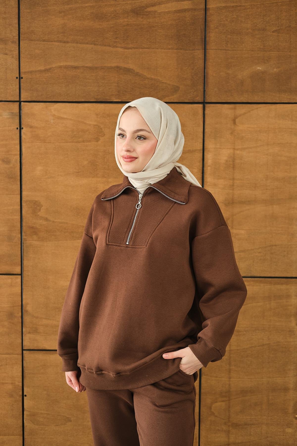 Yarım Fermuarlı Sweat Kahverengi