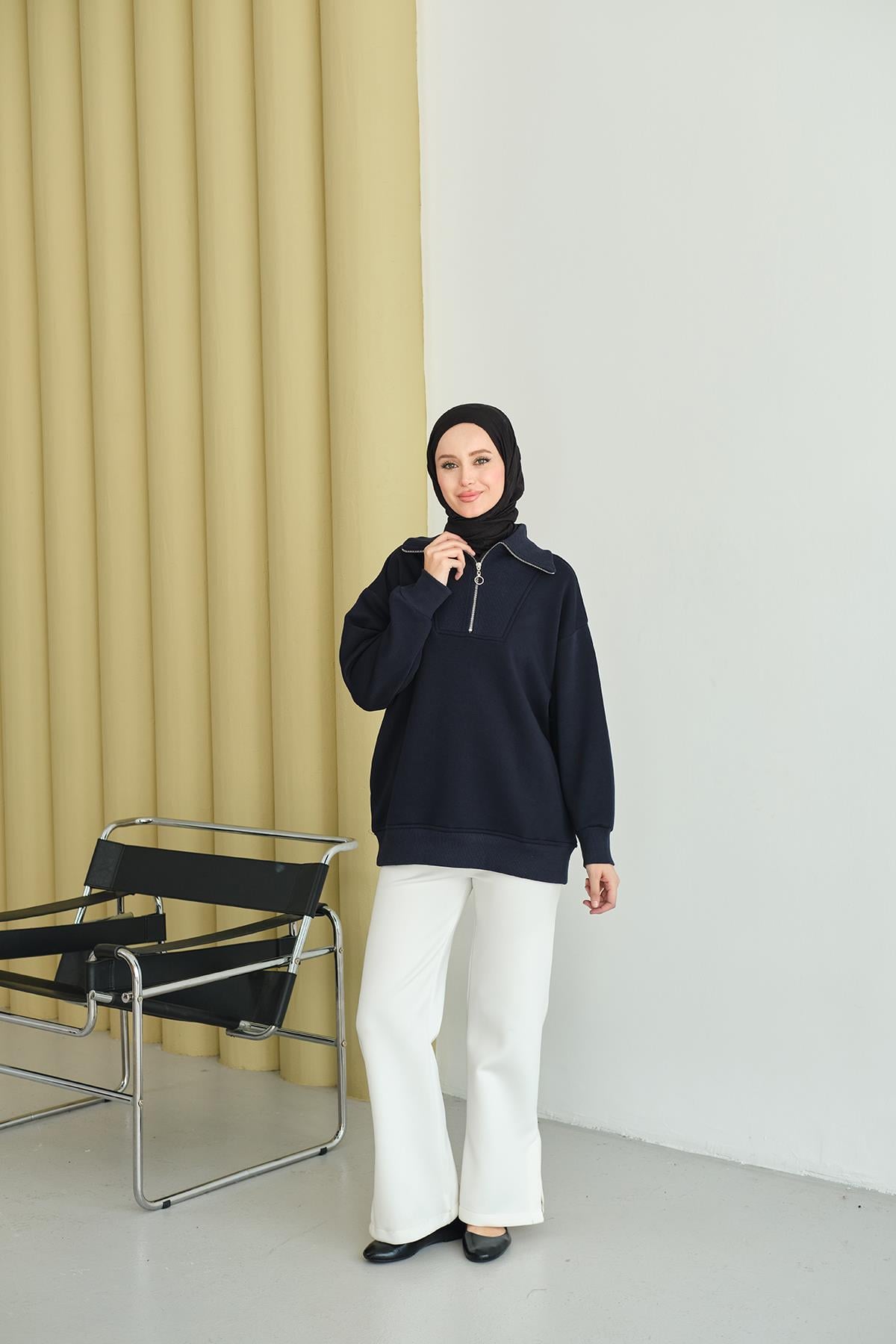 Yarım Fermuarlı Sweat Lacivert