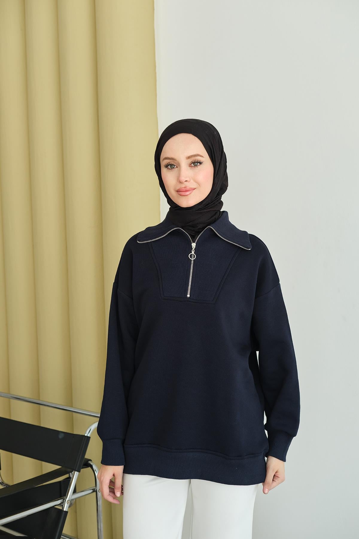 Yarım Fermuarlı Sweat Lacivert