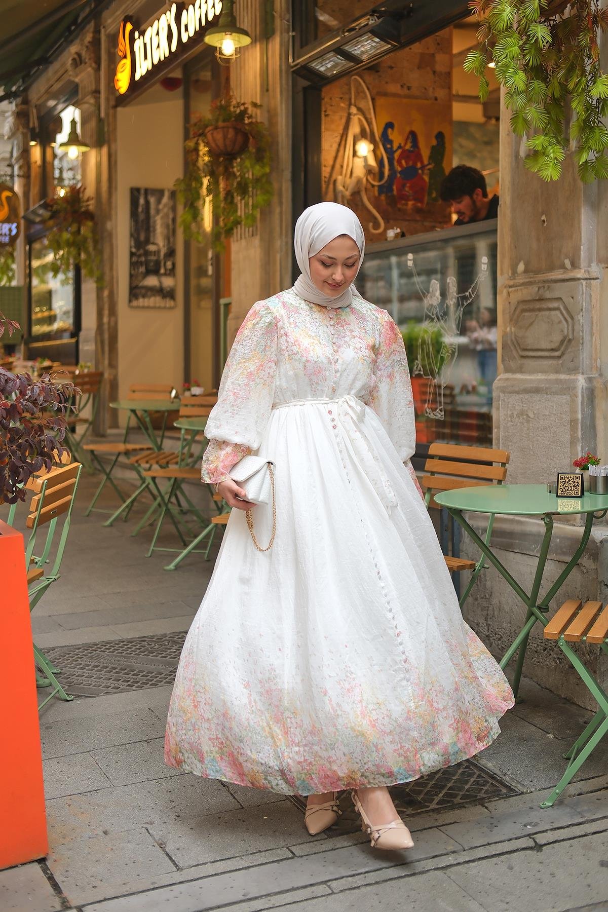 Yarım Pat Düğmeli Dijital Sulu Boya Desen Elbise Pembe