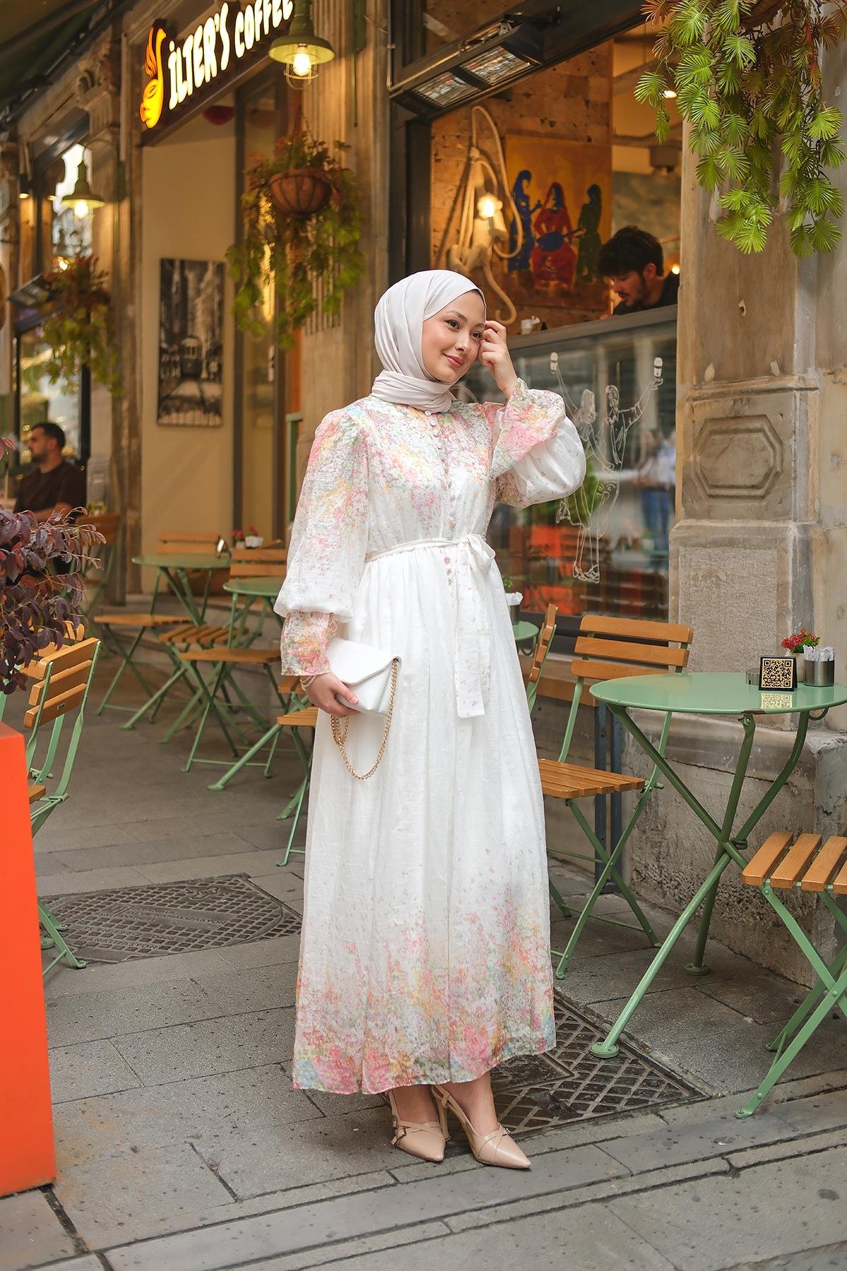 Yarım Pat Düğmeli Dijital Sulu Boya Desen Elbise Pembe