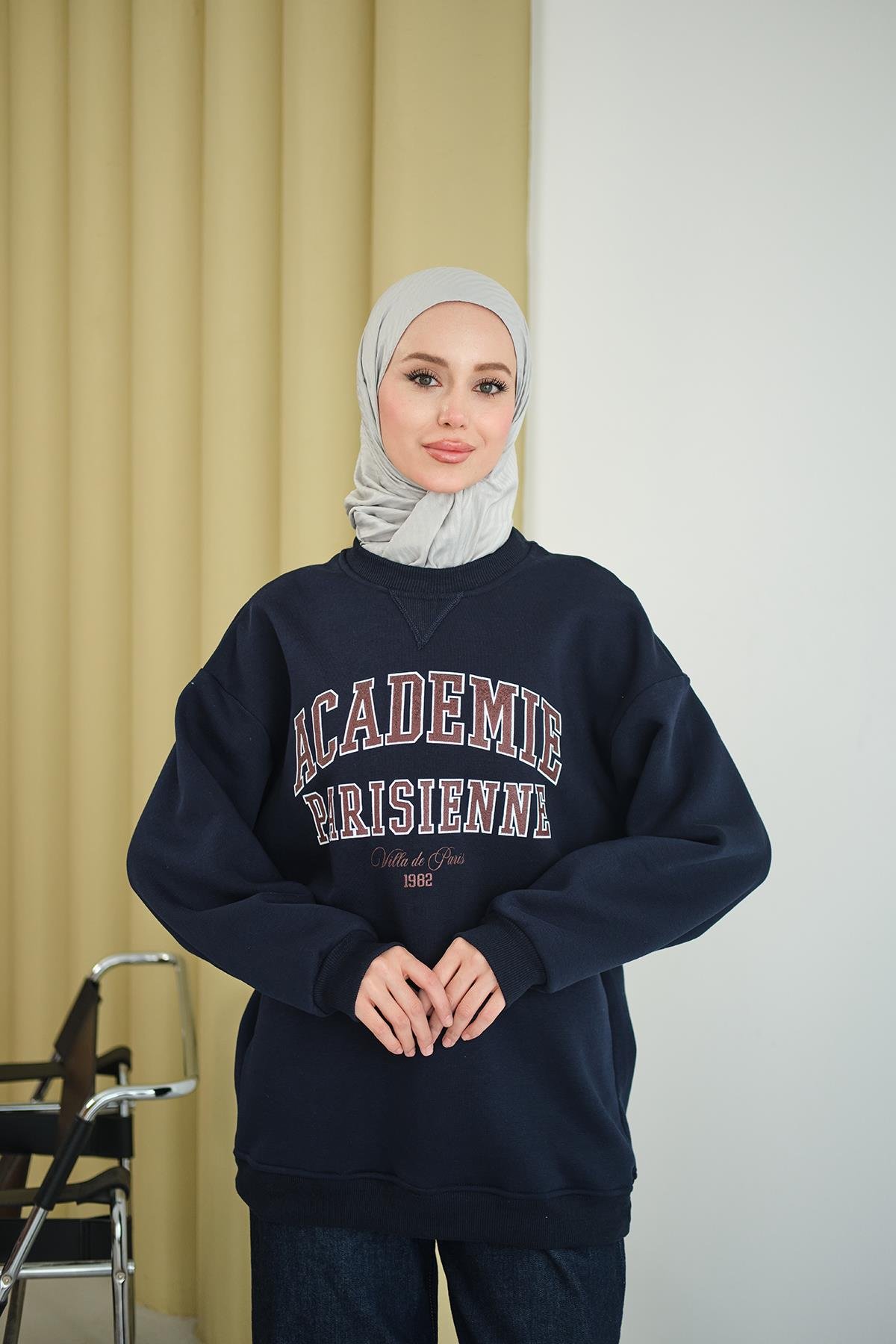 Yazı Baskılı Nakış İşlemeli Oversize Sweat Lacivert