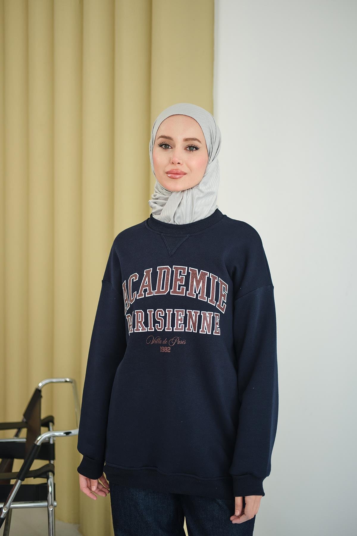 Yazı Baskılı Nakış İşlemeli Oversize Sweat Lacivert
