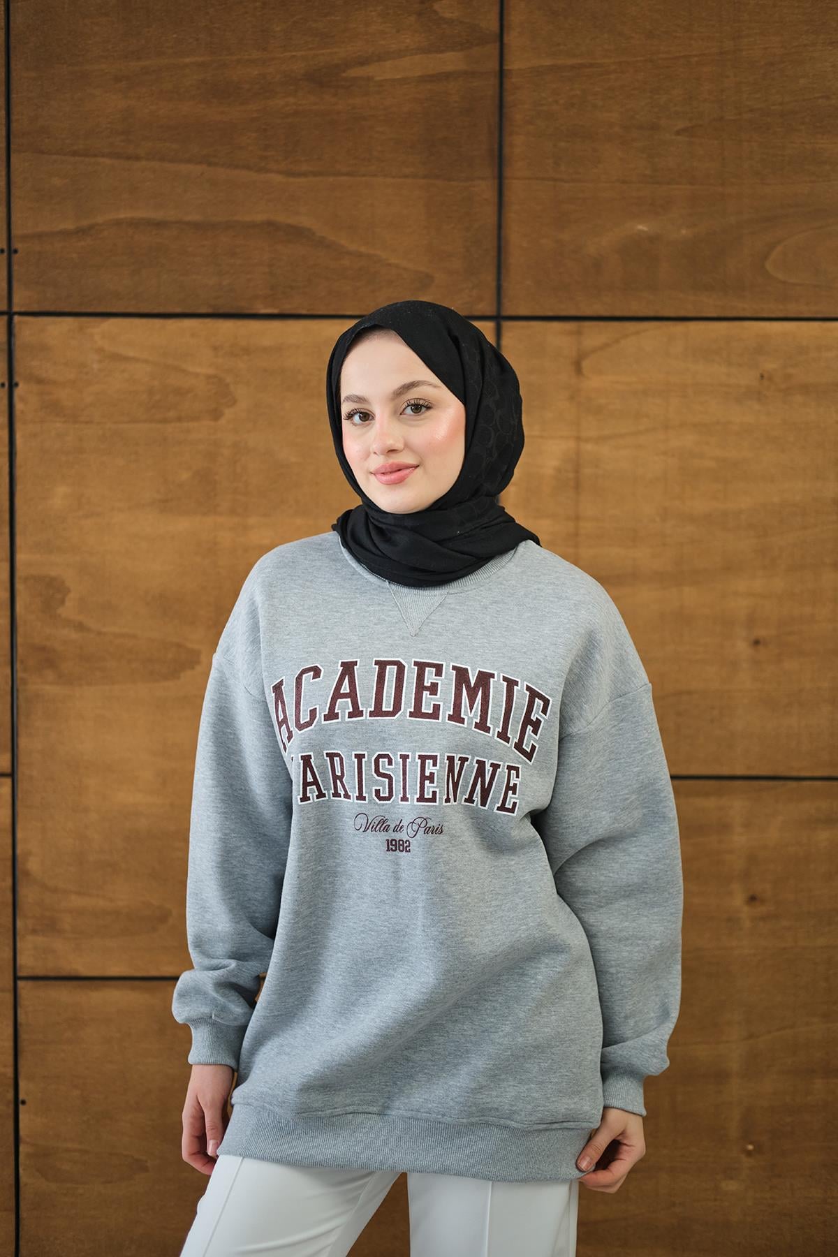 Yazı Baskılı Nakış İşlemeli Oversize Sweat Koyu Gri
