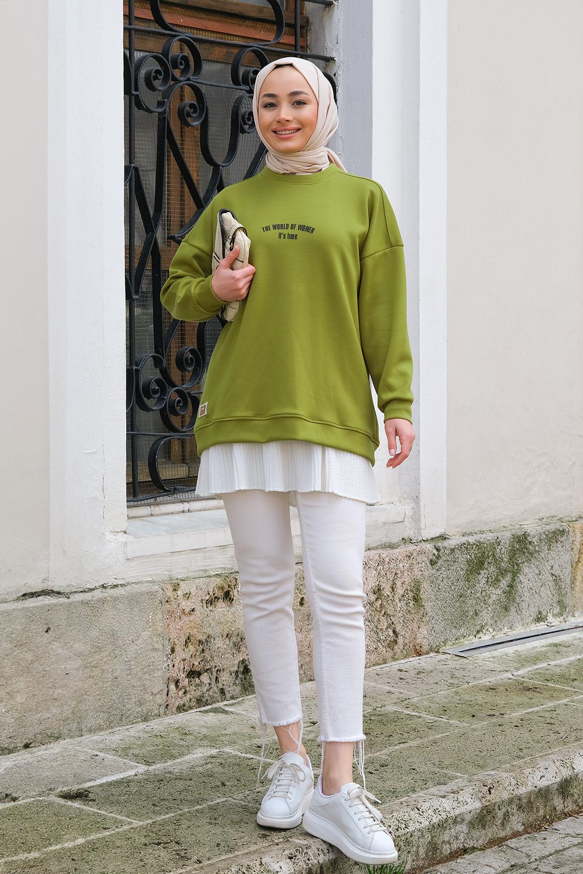 Yazı Baskılı Oversize Sweat Yağ Yeşil