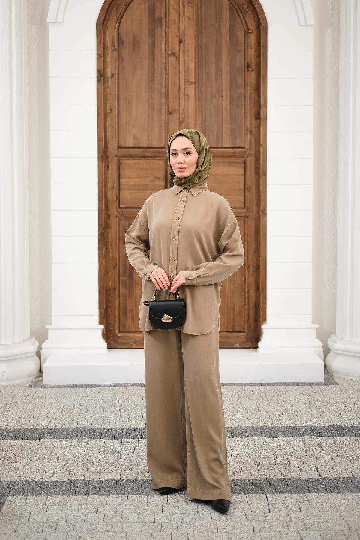 Yıkama Detay Beli Lastikli Boru Paça Gömlekli Takım Vizon