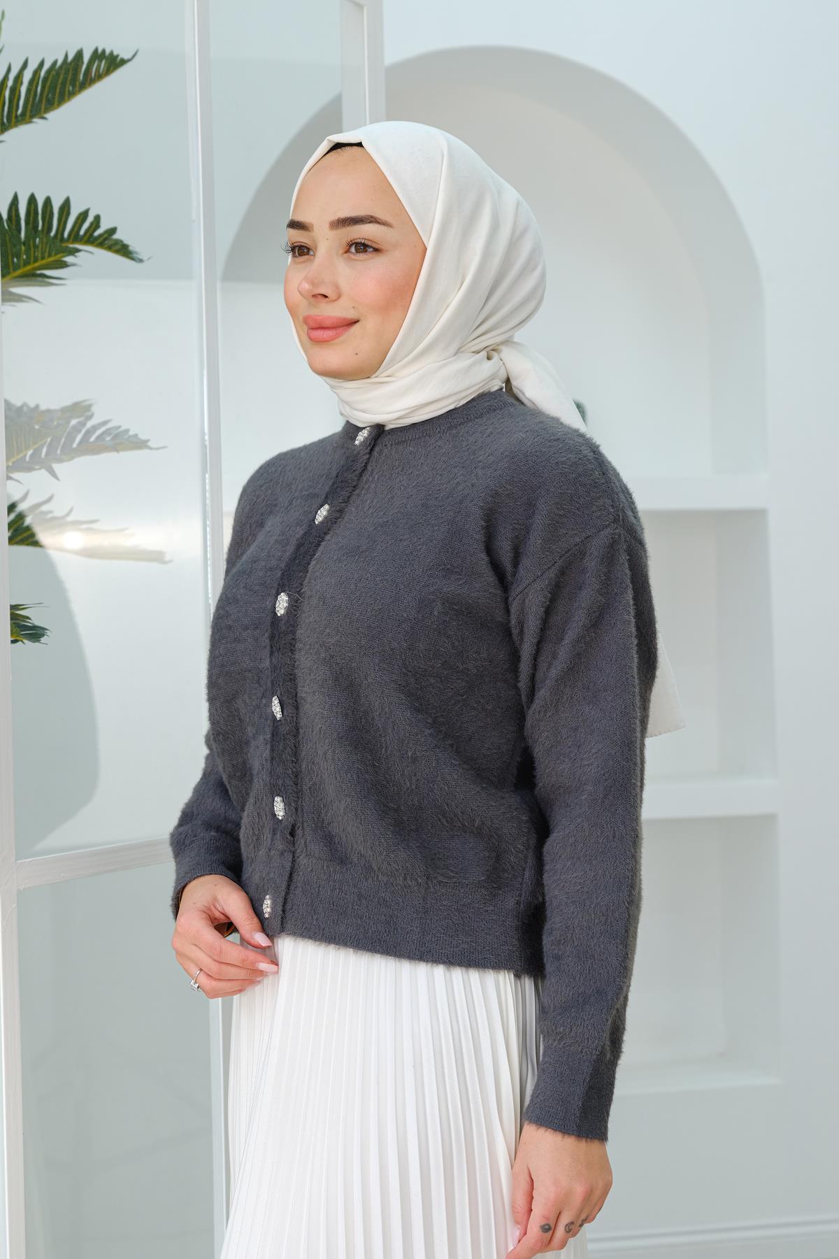 Yumuşak Dokulu Düğme Detaylı Hırka Antrasit