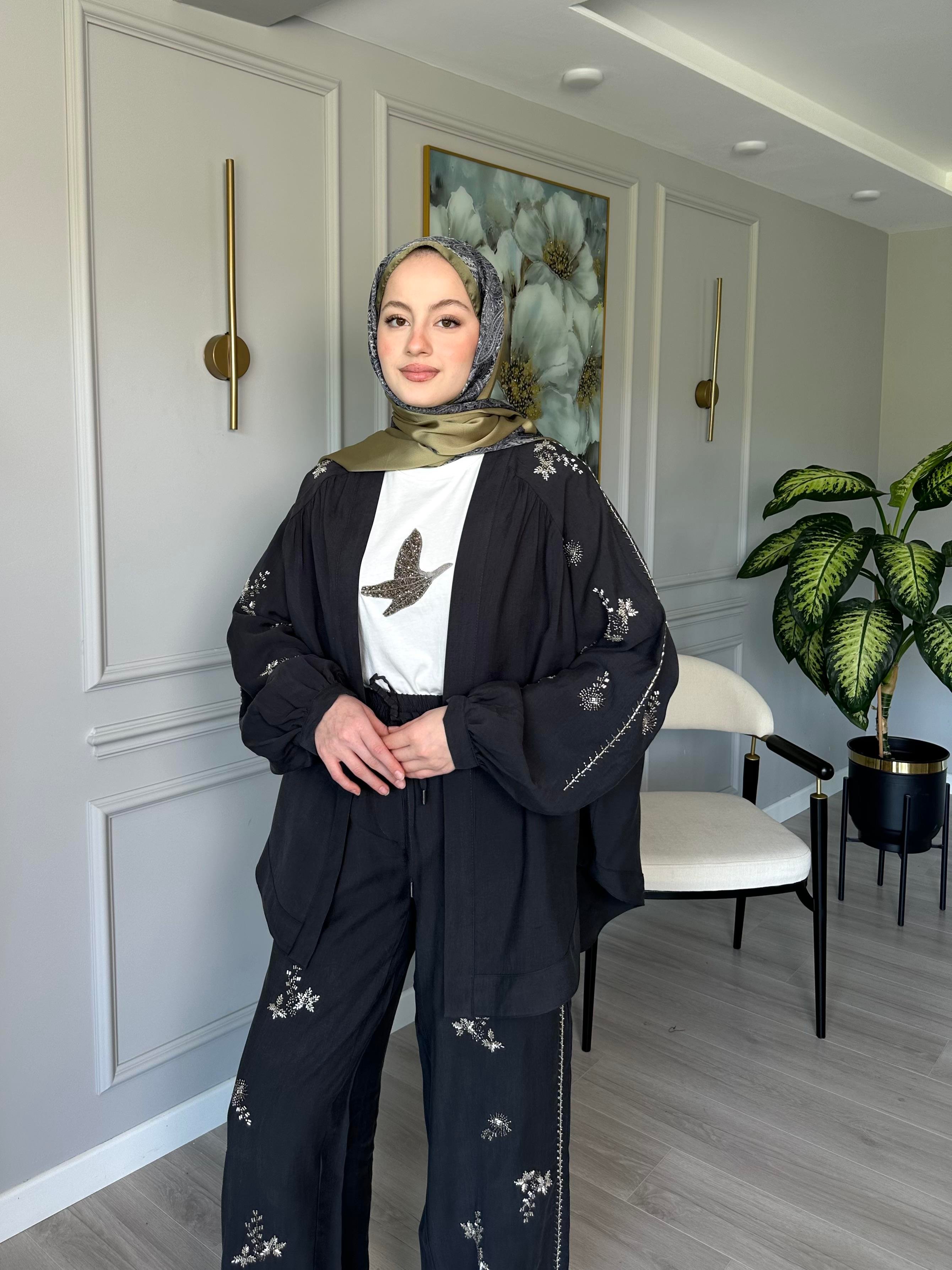 Antrasit Taşlı Tensel Kumaş Kimono ve Pantolon  İkili Set
