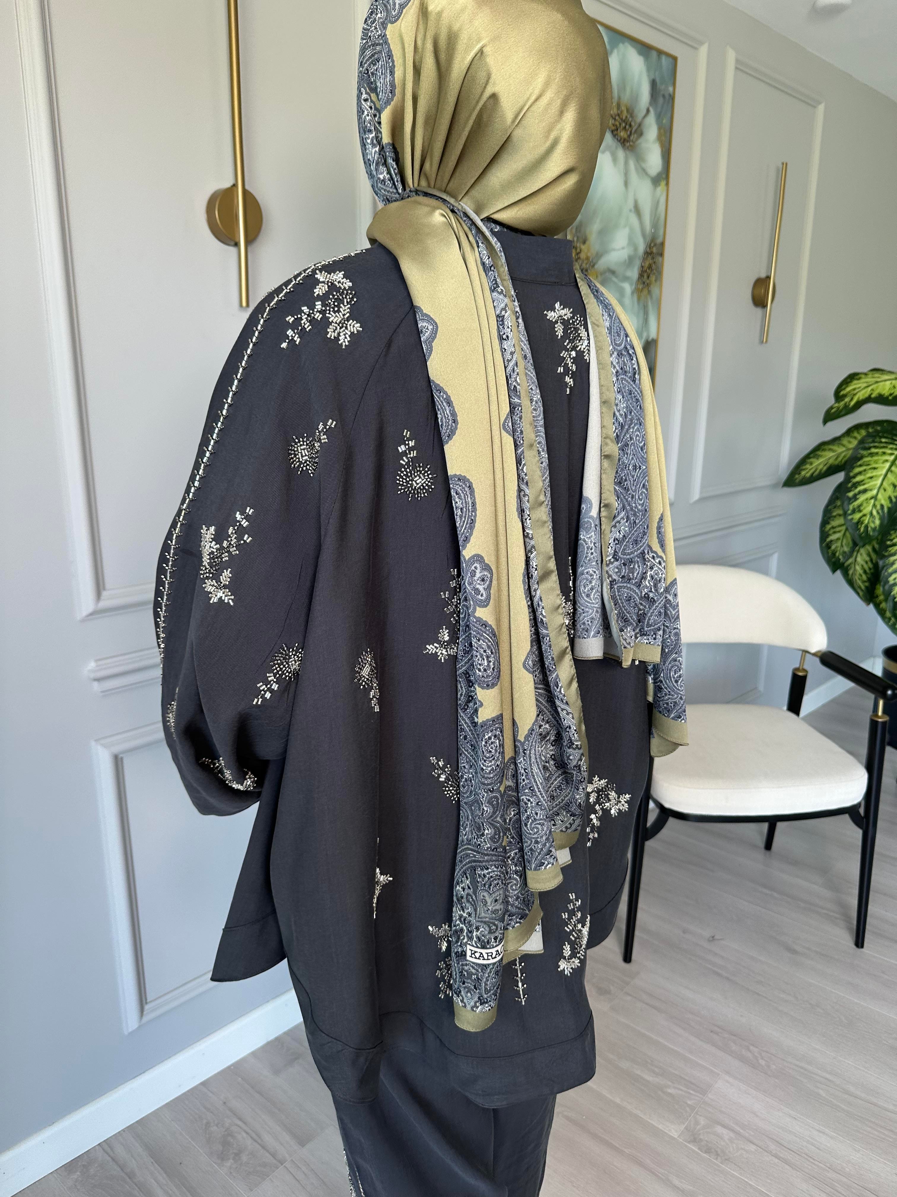 Antrasit Taşlı Tensel Kumaş Kimono ve Pantolon  İkili Set