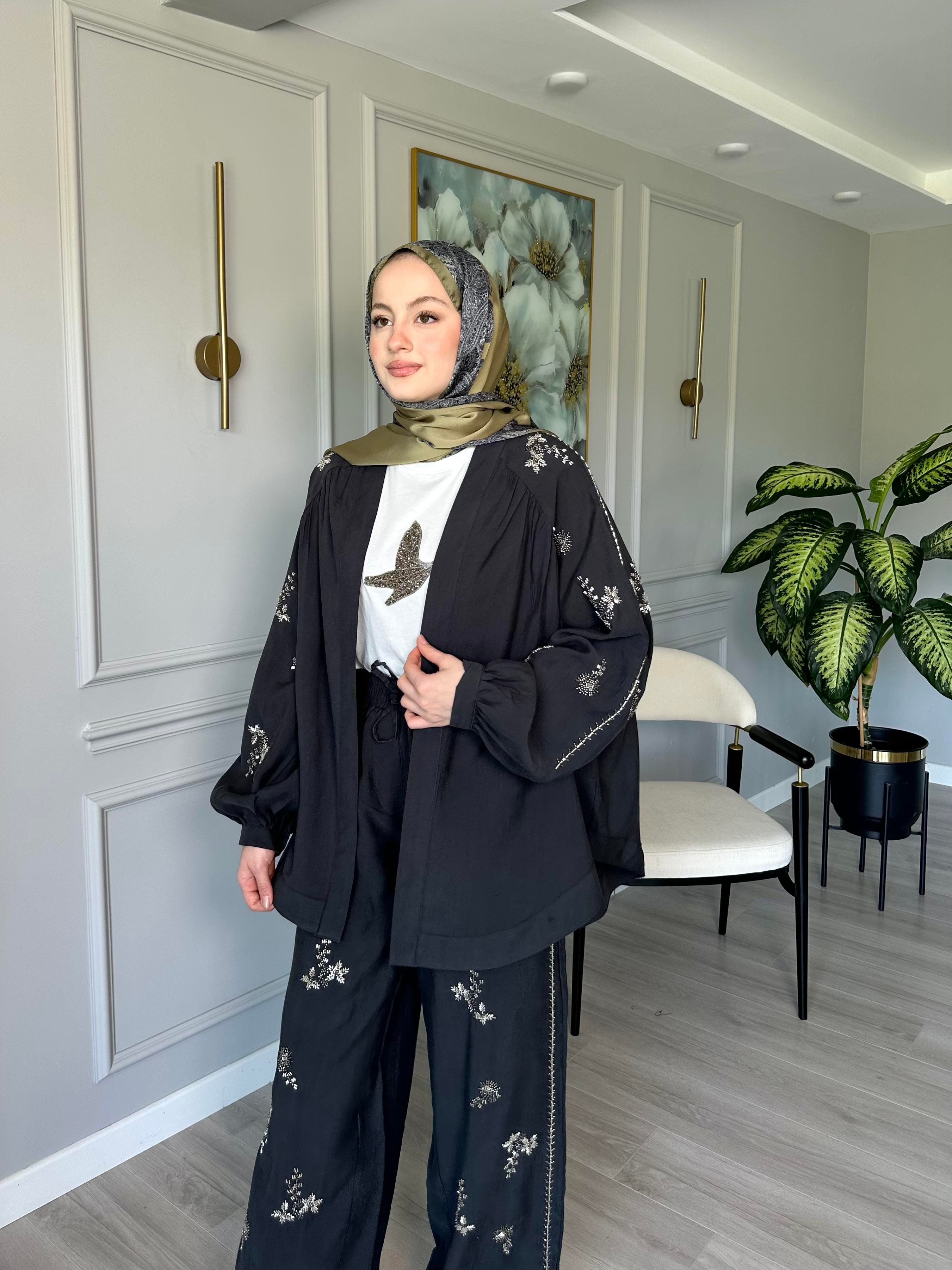 Antrasit Taşlı Tensel Kumaş Kimono ve Pantolon  İkili Set
