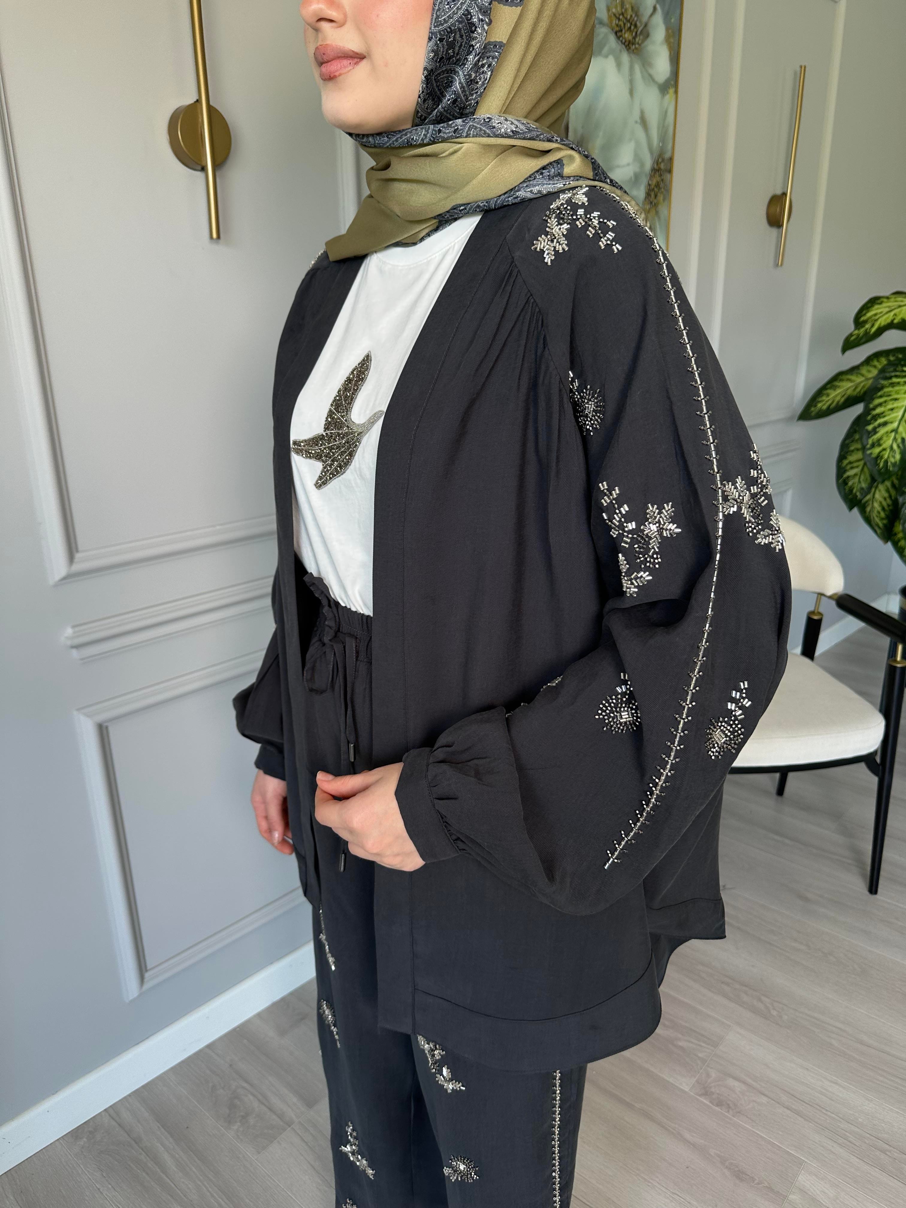 Antrasit Taşlı Tensel Kumaş Kimono ve Pantolon  İkili Set