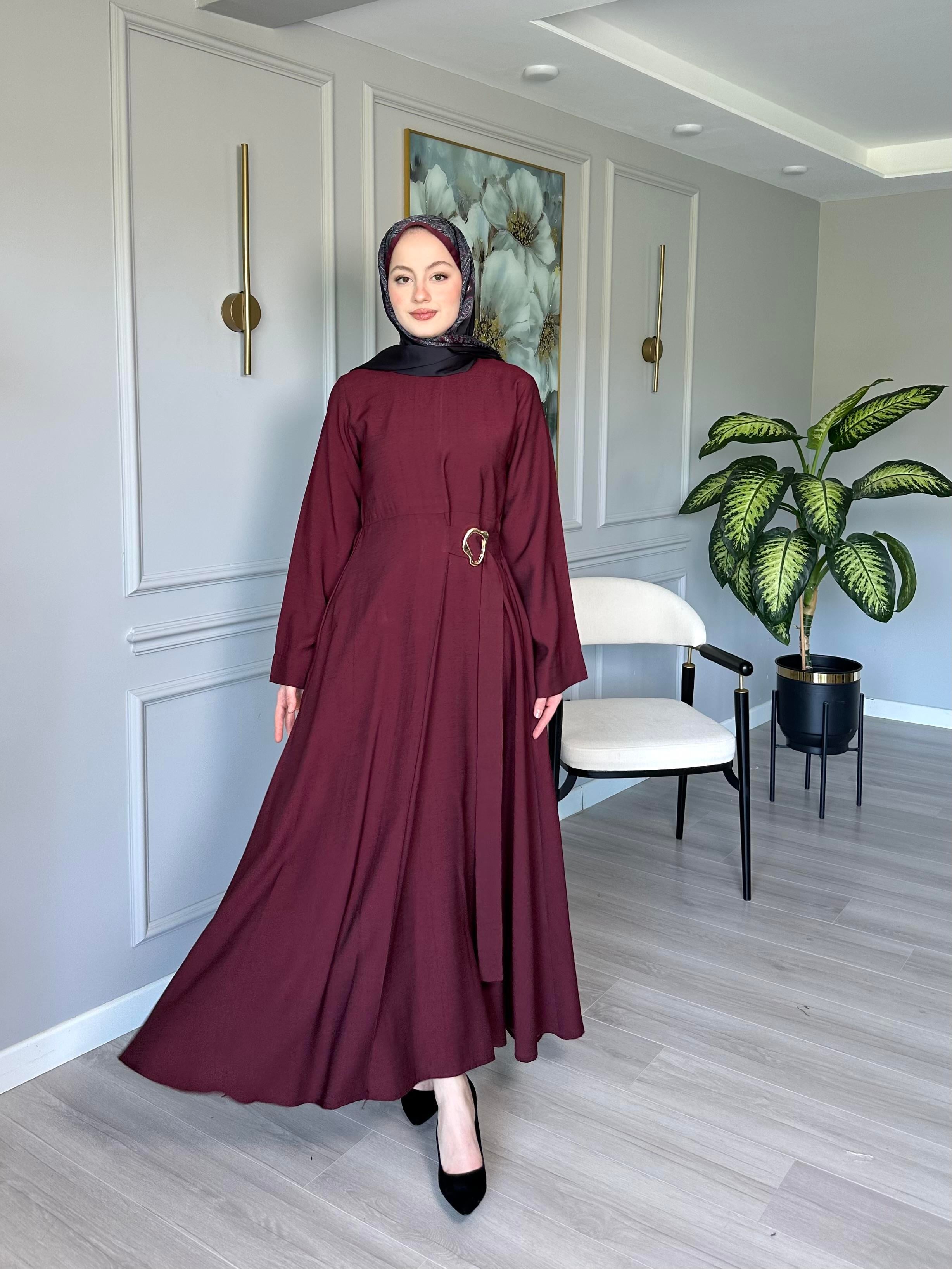 Bordo - Tokalı Elbise Tokalı Tensel İpeksi Kumaş