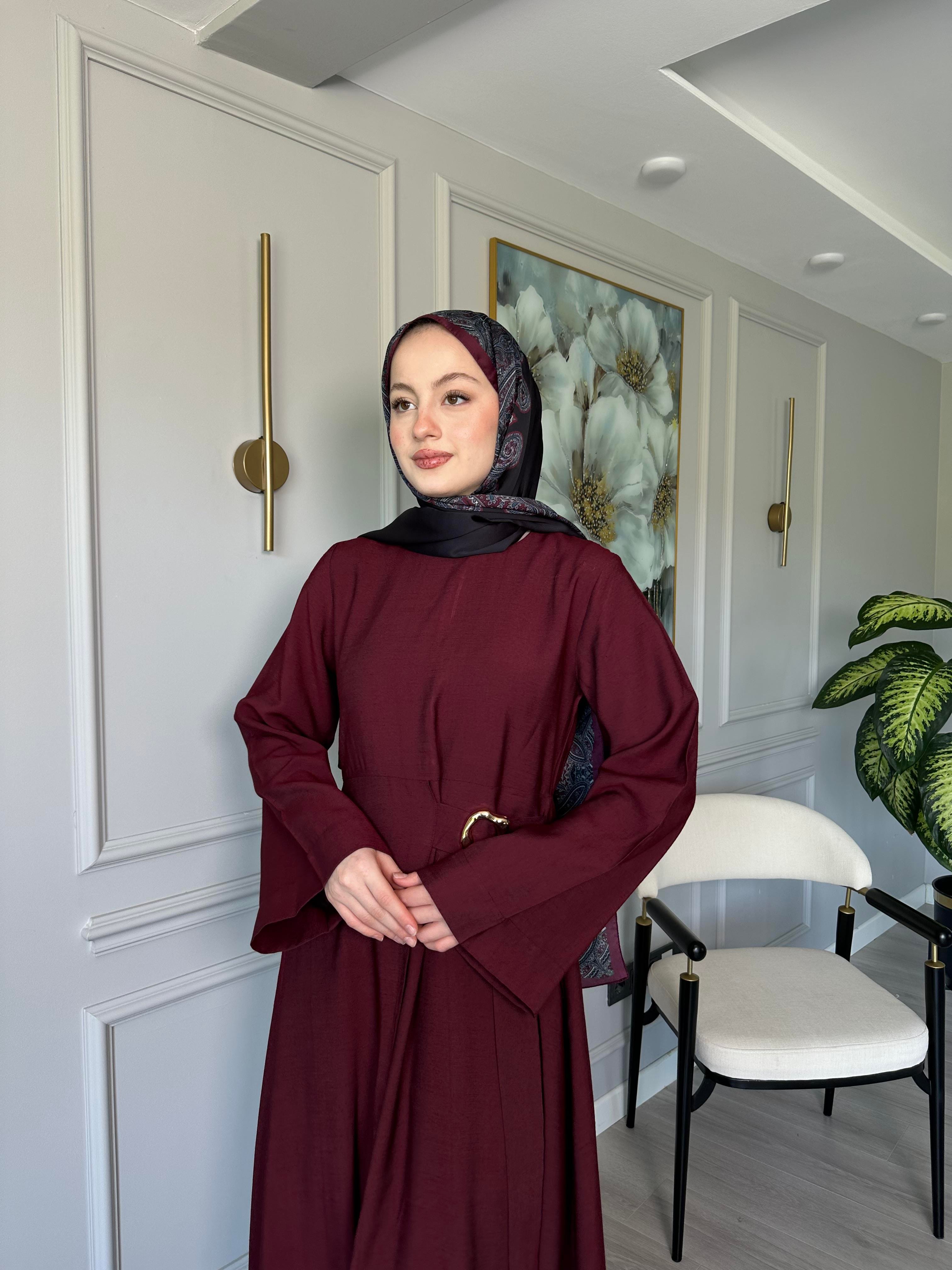 Bordo - Tokalı Elbise Tokalı Tensel İpeksi Kumaş