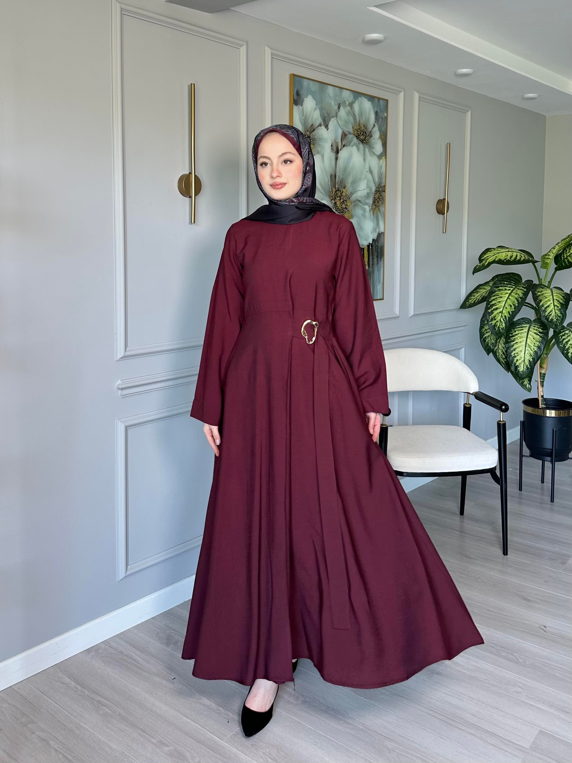 Bordo - Tokalı Elbise Tokalı Tensel İpeksi Kumaş