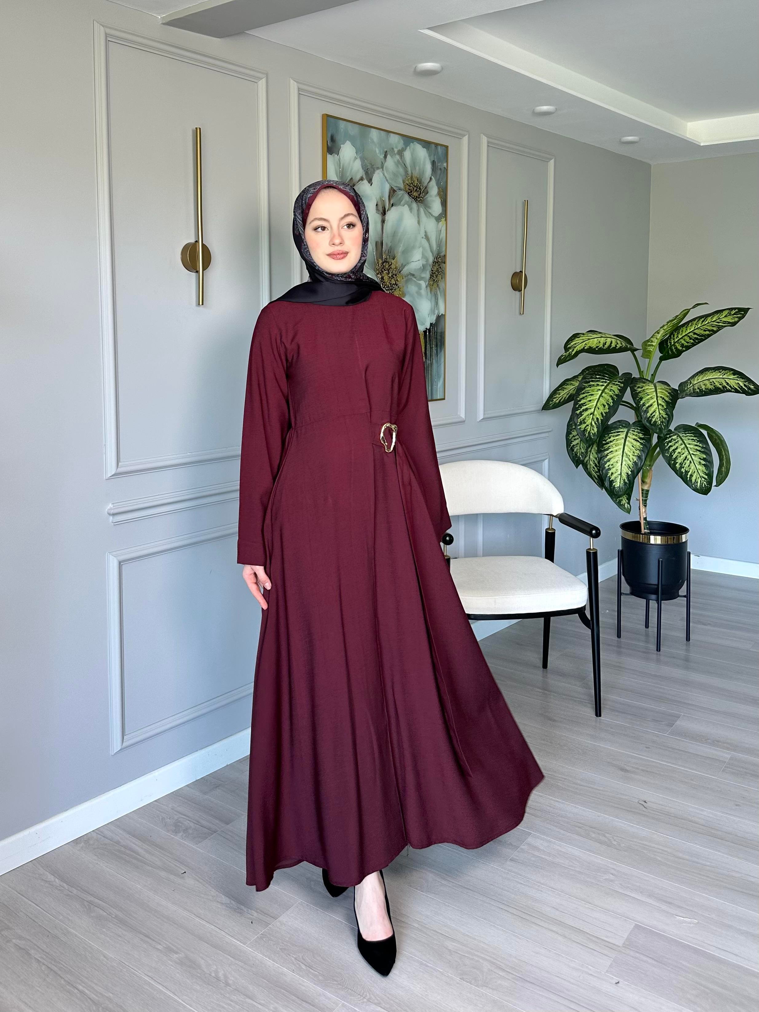 Bordo - Tokalı Elbise Tokalı Tensel İpeksi Kumaş
