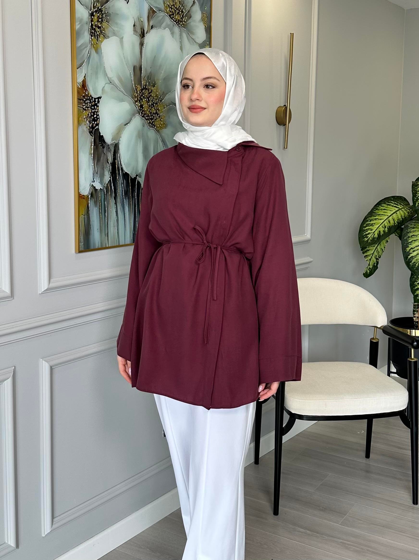 Bordo Yaka Detaylı Tensel Salaş Tunik