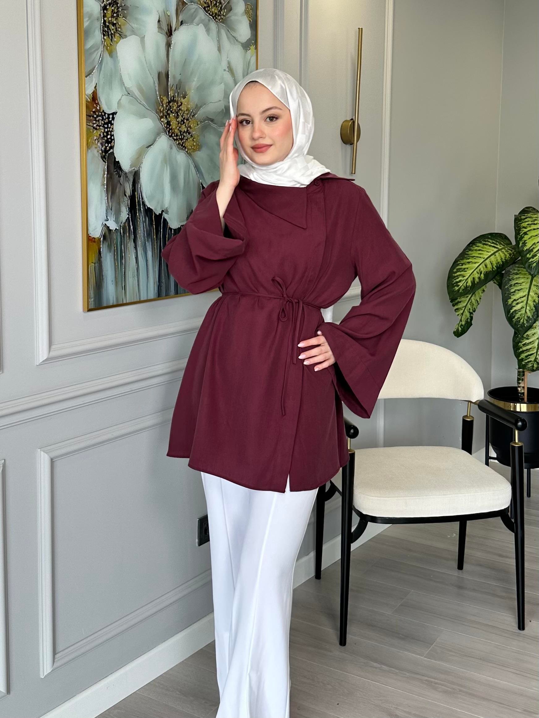 Bordo Yaka Detaylı Tensel Salaş Tunik