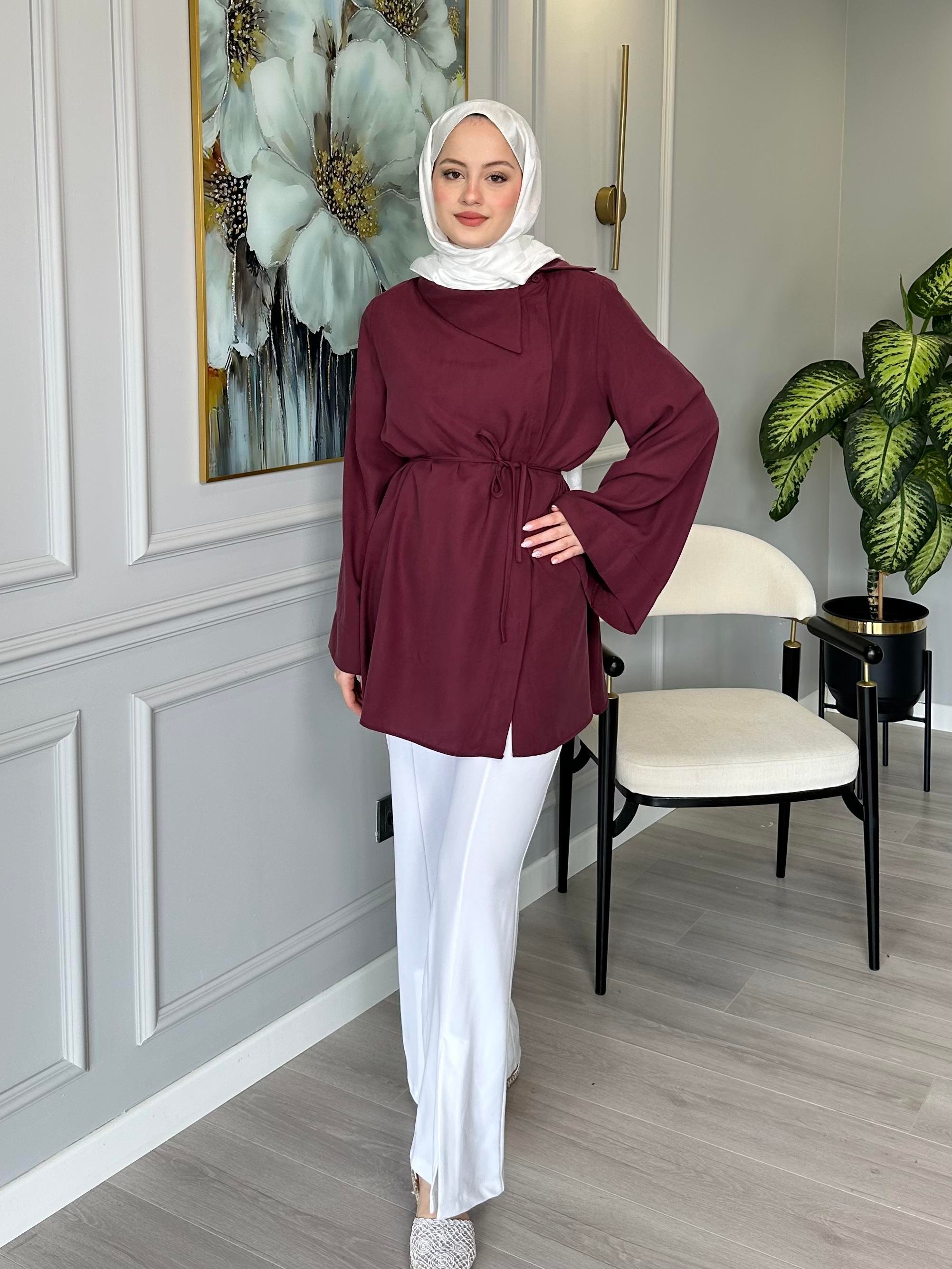 Bordo Yaka Detaylı Tensel Salaş Tunik
