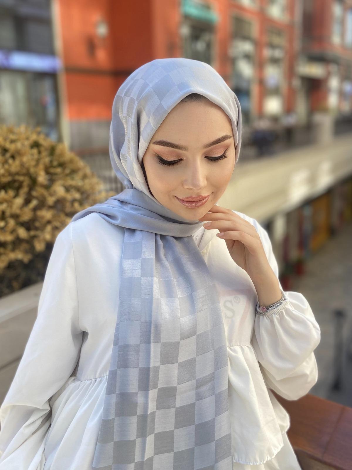Gümüş Dama Desen İpekli Pamuk Şal