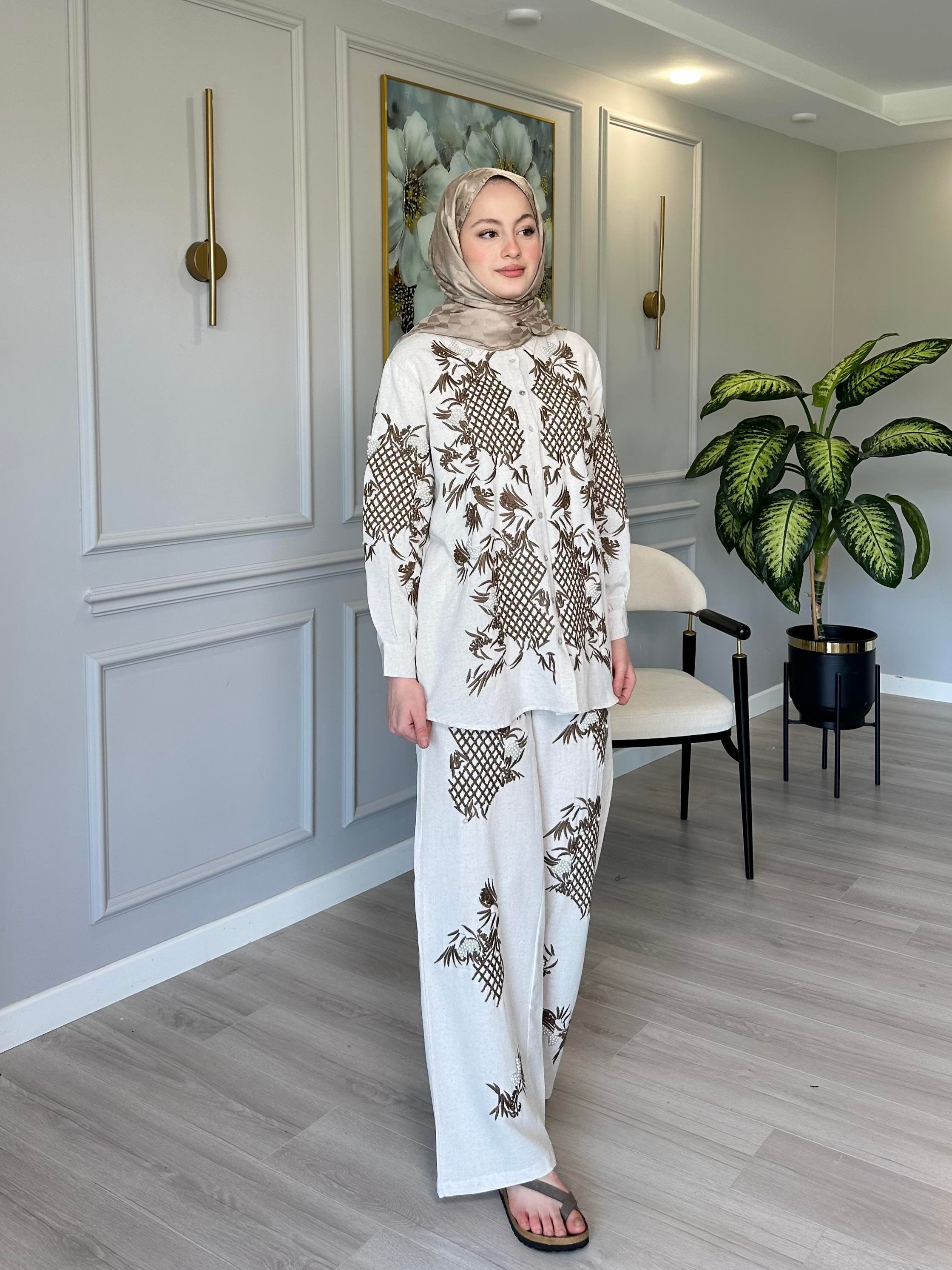 İnci ve Nakış İşli Keten Takım
