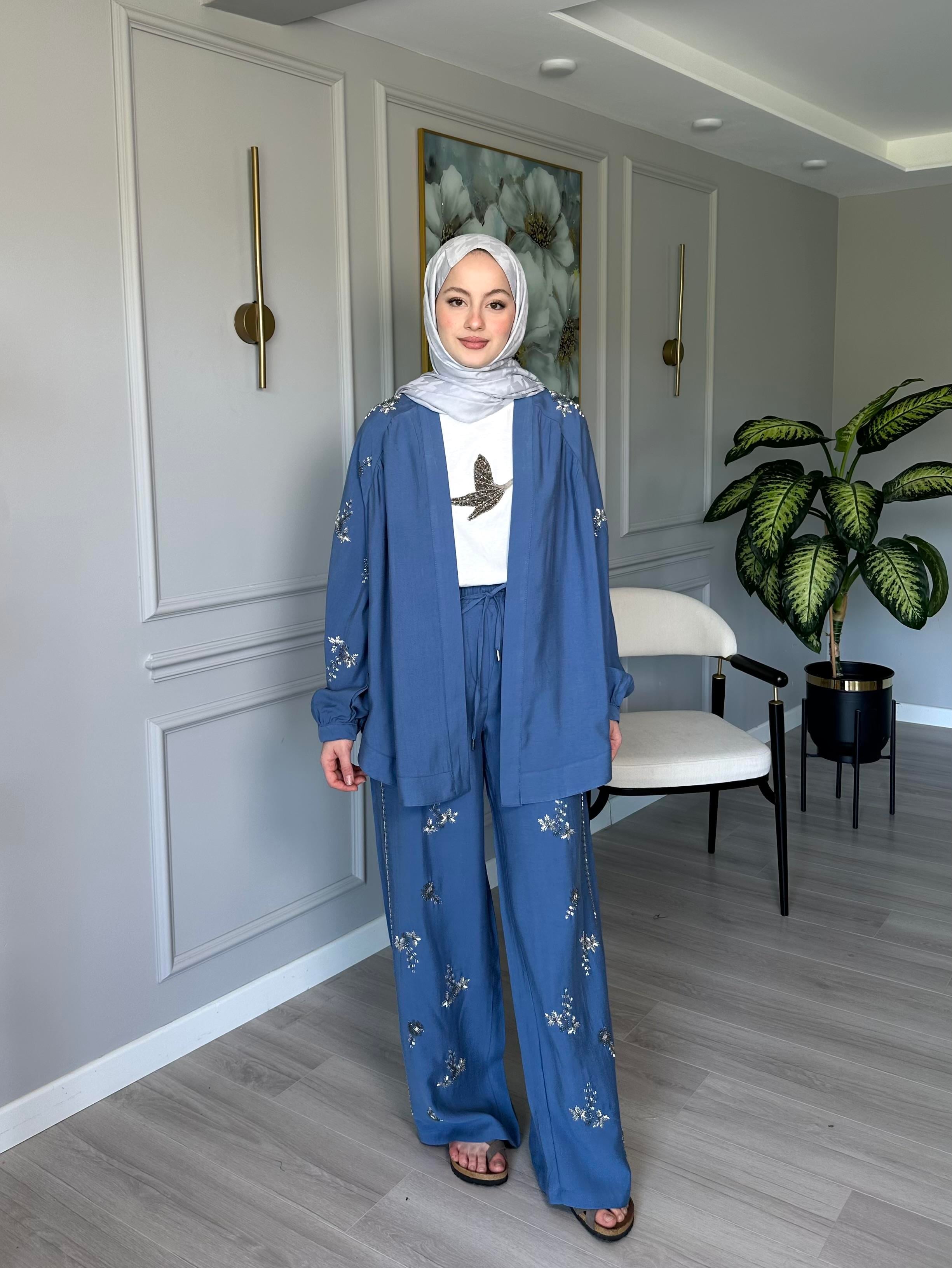 İndigo Taşlı Tensel Kumaş Kimono ve Pantolon  İkili Set