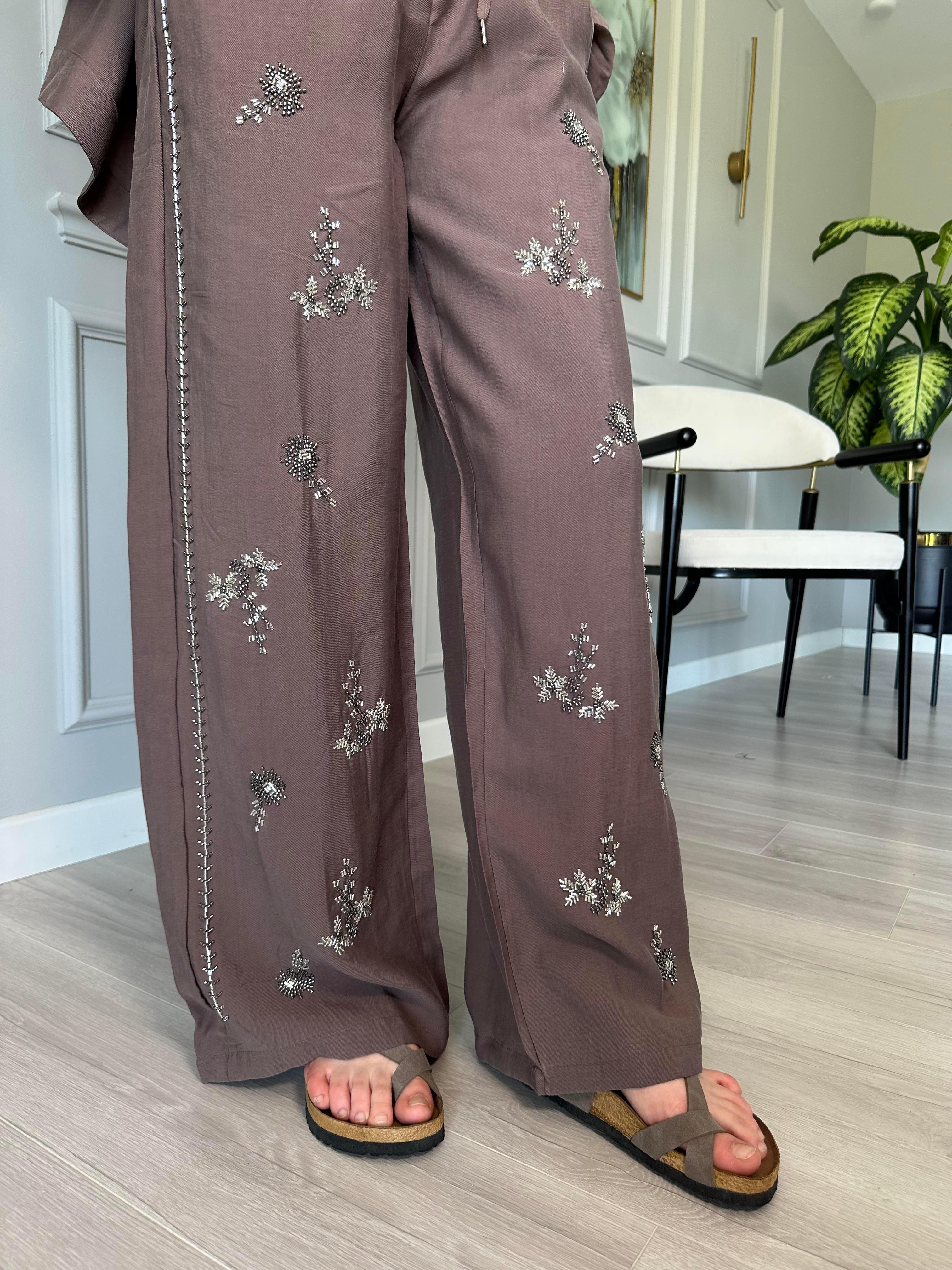 Kahve Taşlı Tensel Kumaş Kimono ve Pantolon  İkili Set