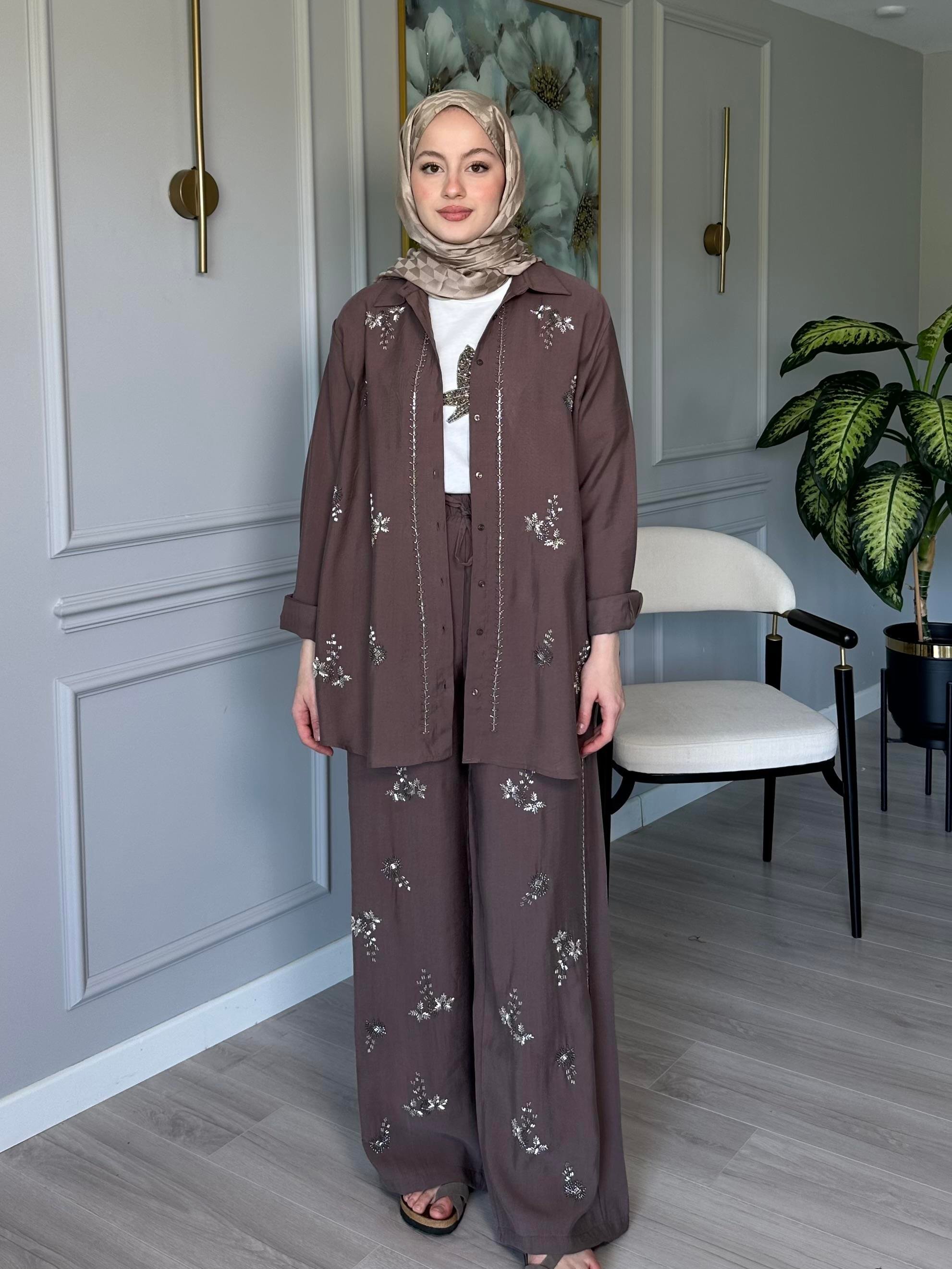Kahve Taşlı Tensel Kumaş Kimono ve Pantolon  İkili Set