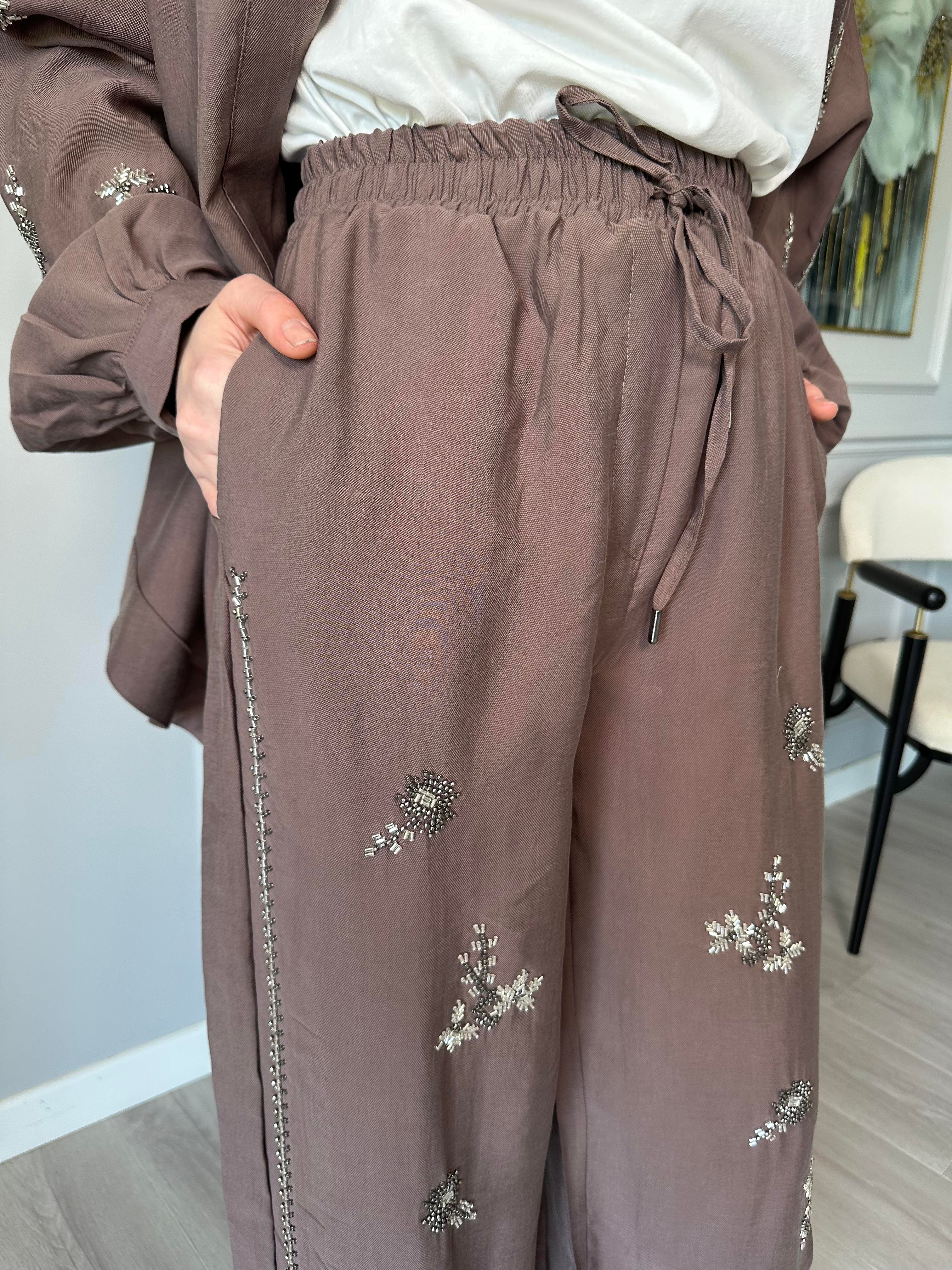 Kahve Taşlı Tensel Kumaş Kimono ve Pantolon  İkili Set