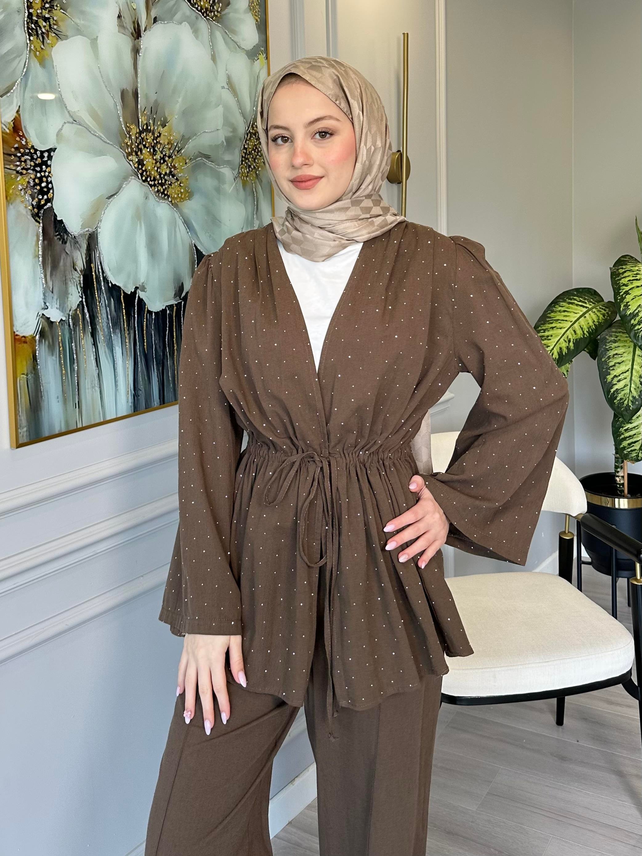 Kahverengi Taş Detaylı Keten Tunik Pantolon Takım