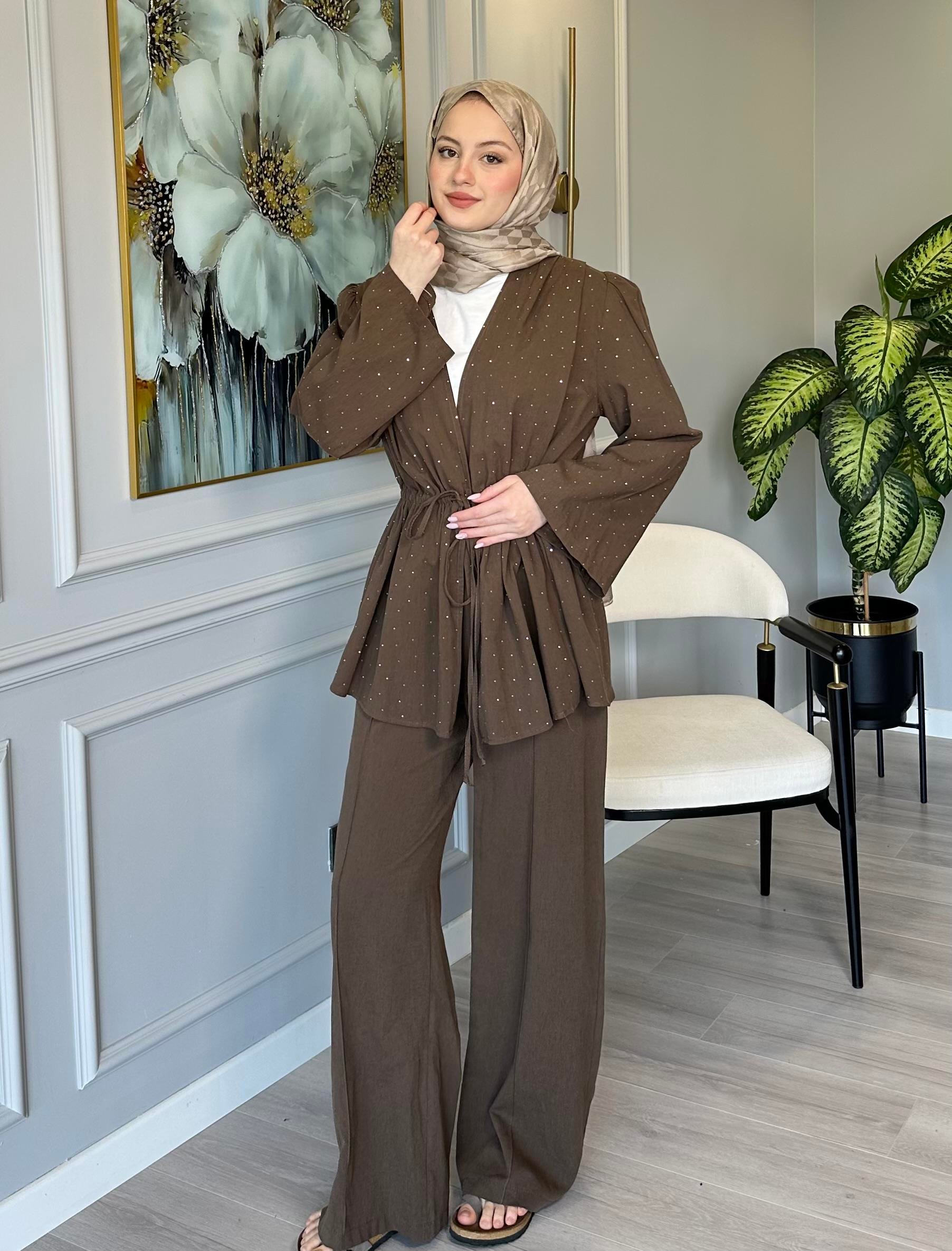 Kahverengi Taş Detaylı Keten Tunik Pantolon Takım