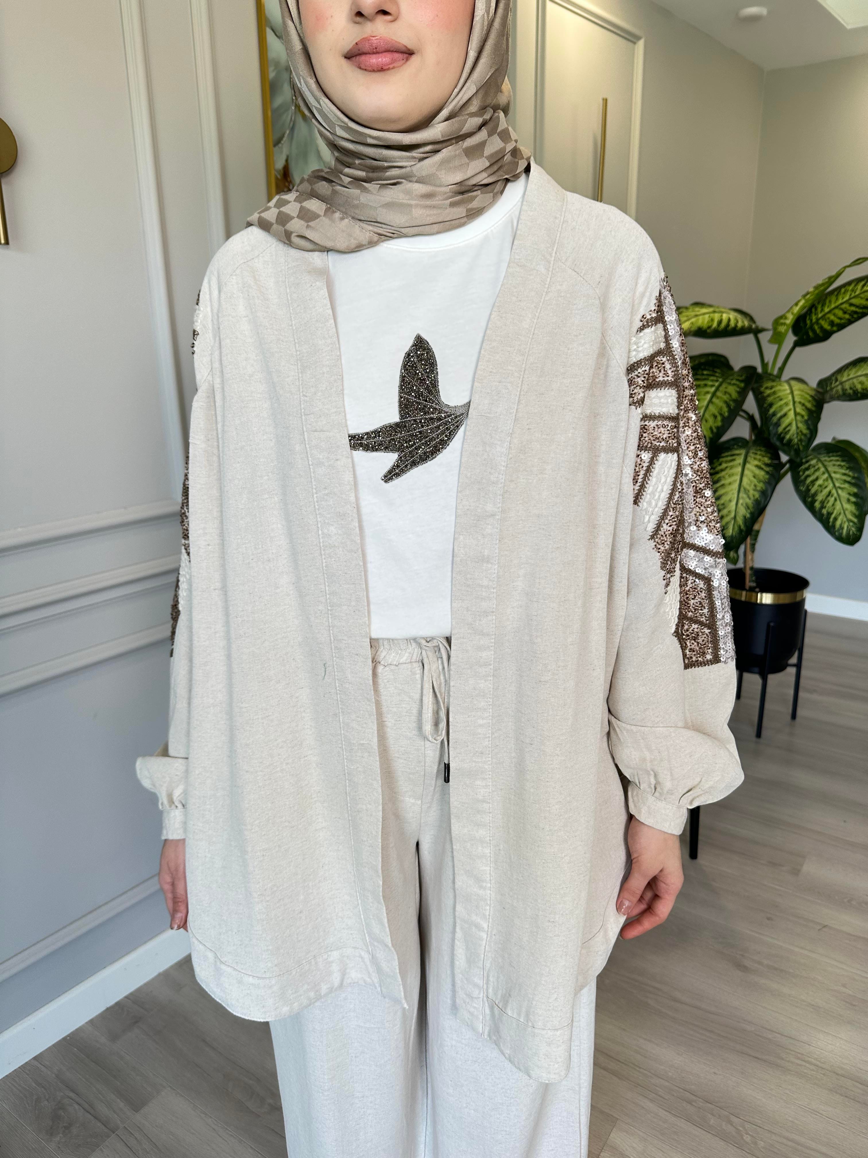 Keten İşlemeli Kimono – Sırtı ve Kolları İşlemeli