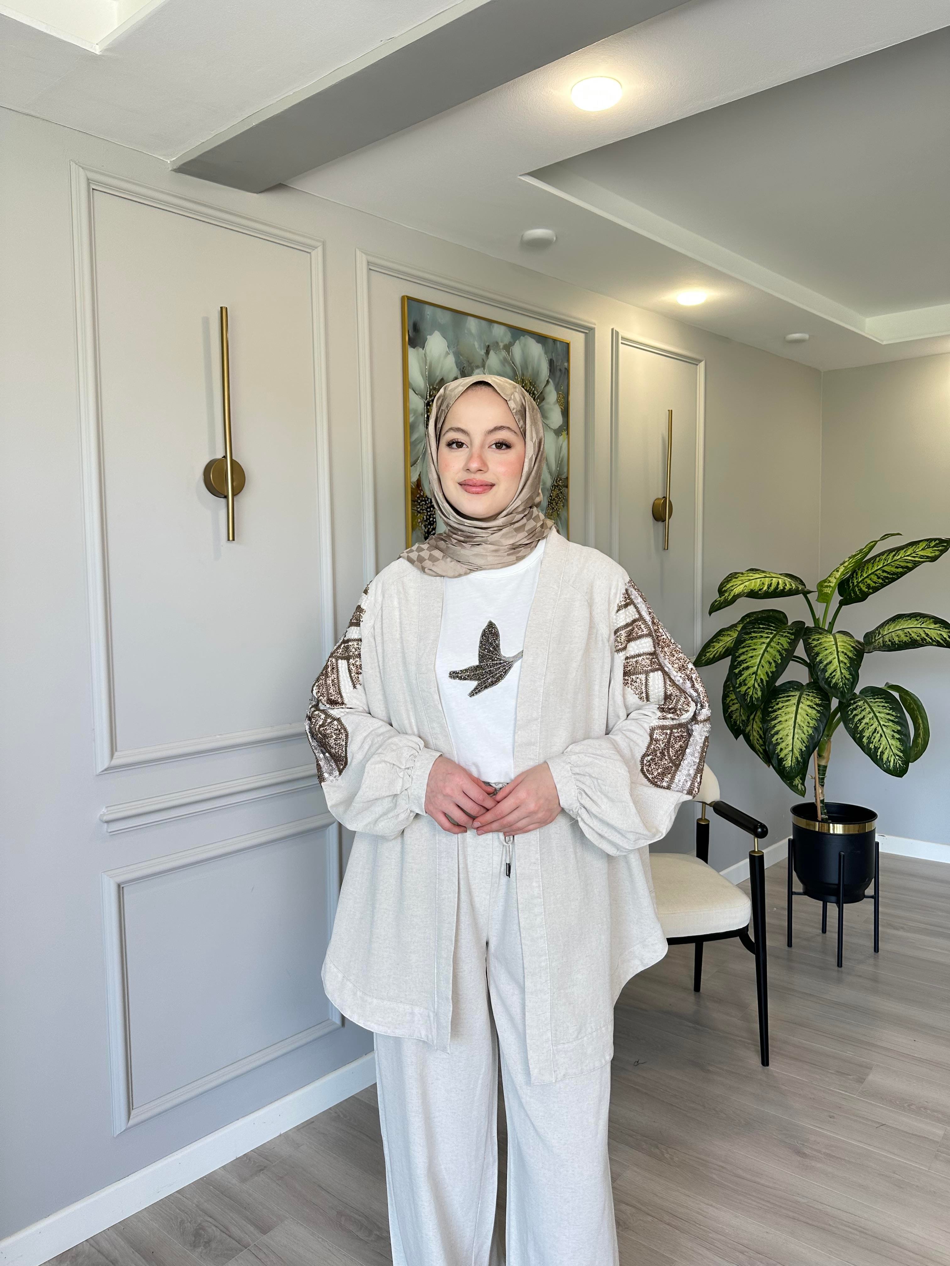 Keten İşlemeli Kimono – Sırtı ve Kolları İşlemeli
