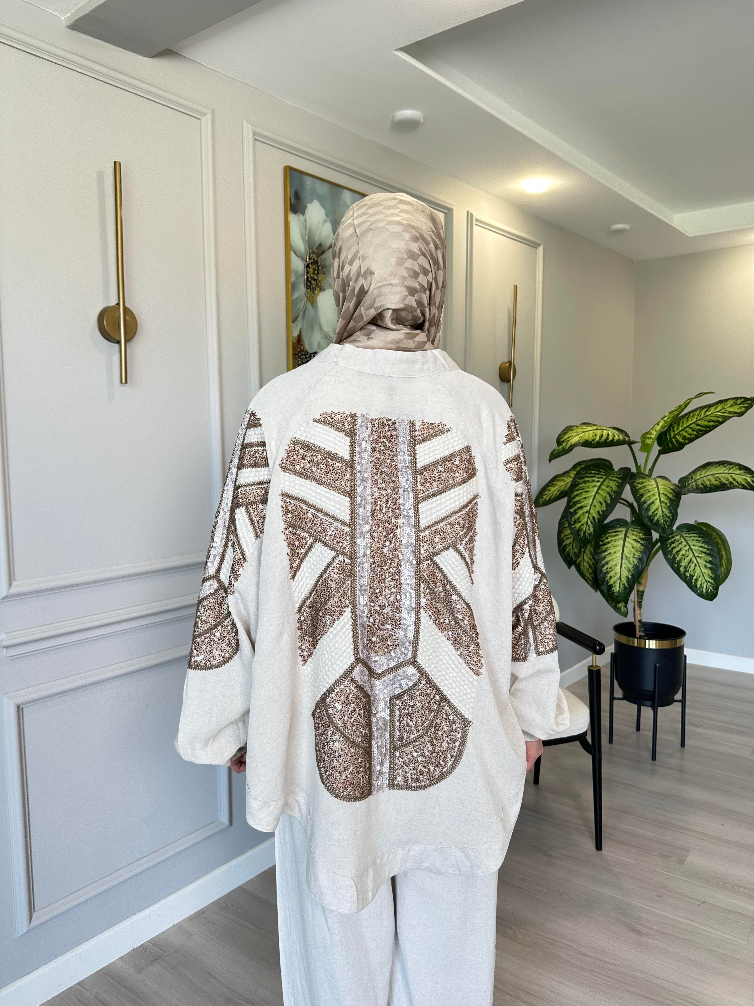 Keten İşlemeli Kimono – Sırtı ve Kolları İşlemeli