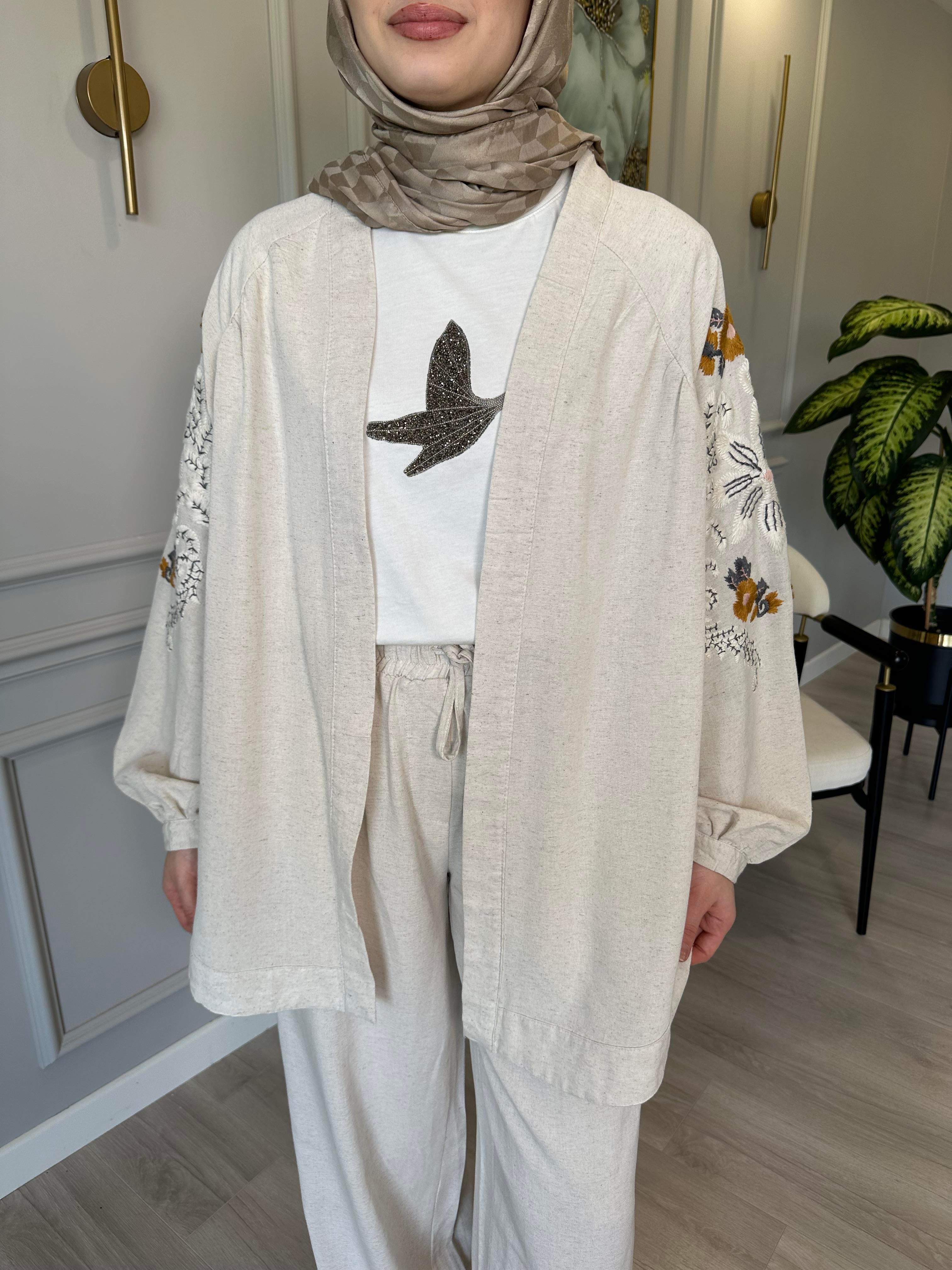 Keten Nakış İşlemeli Kimono 2 – Sırtı ve Kolları İşlemeli
