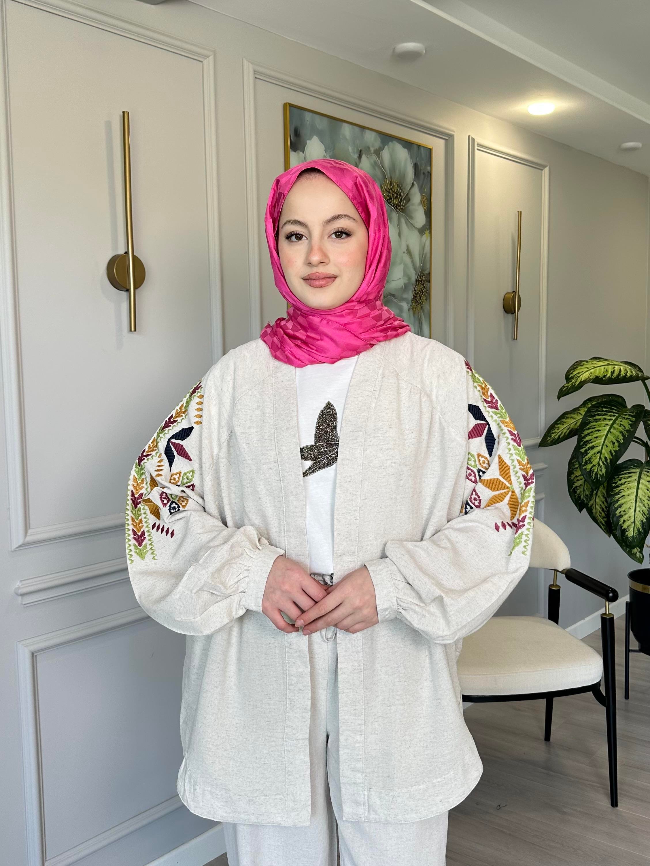 Keten Nakış İşlemeli Kimono – Sırtı ve Kolları İşlemeli