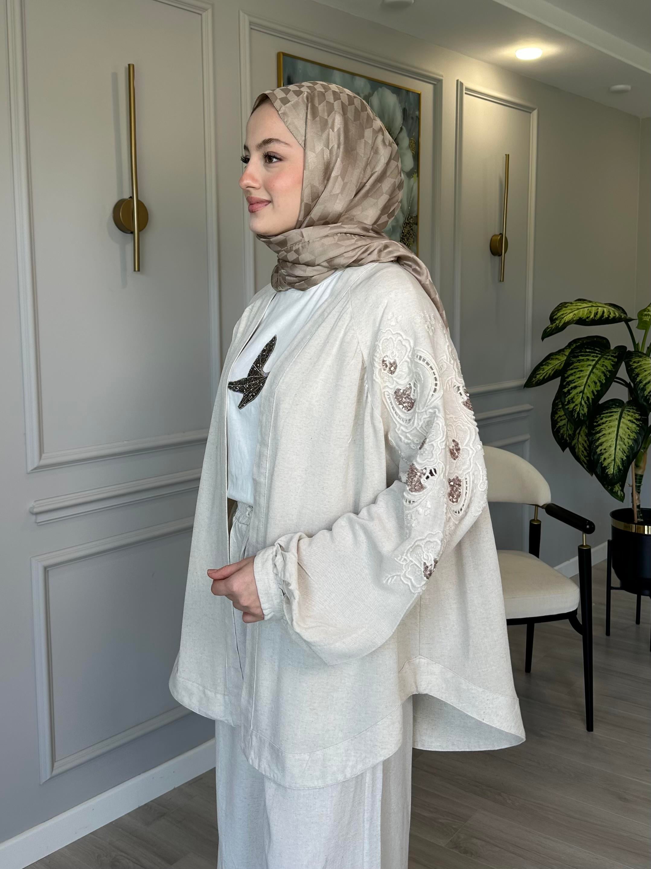 Keten Payet ve Nakış İşlemeli Kimono 2 – Sırtı ve Kolları İşlemeli