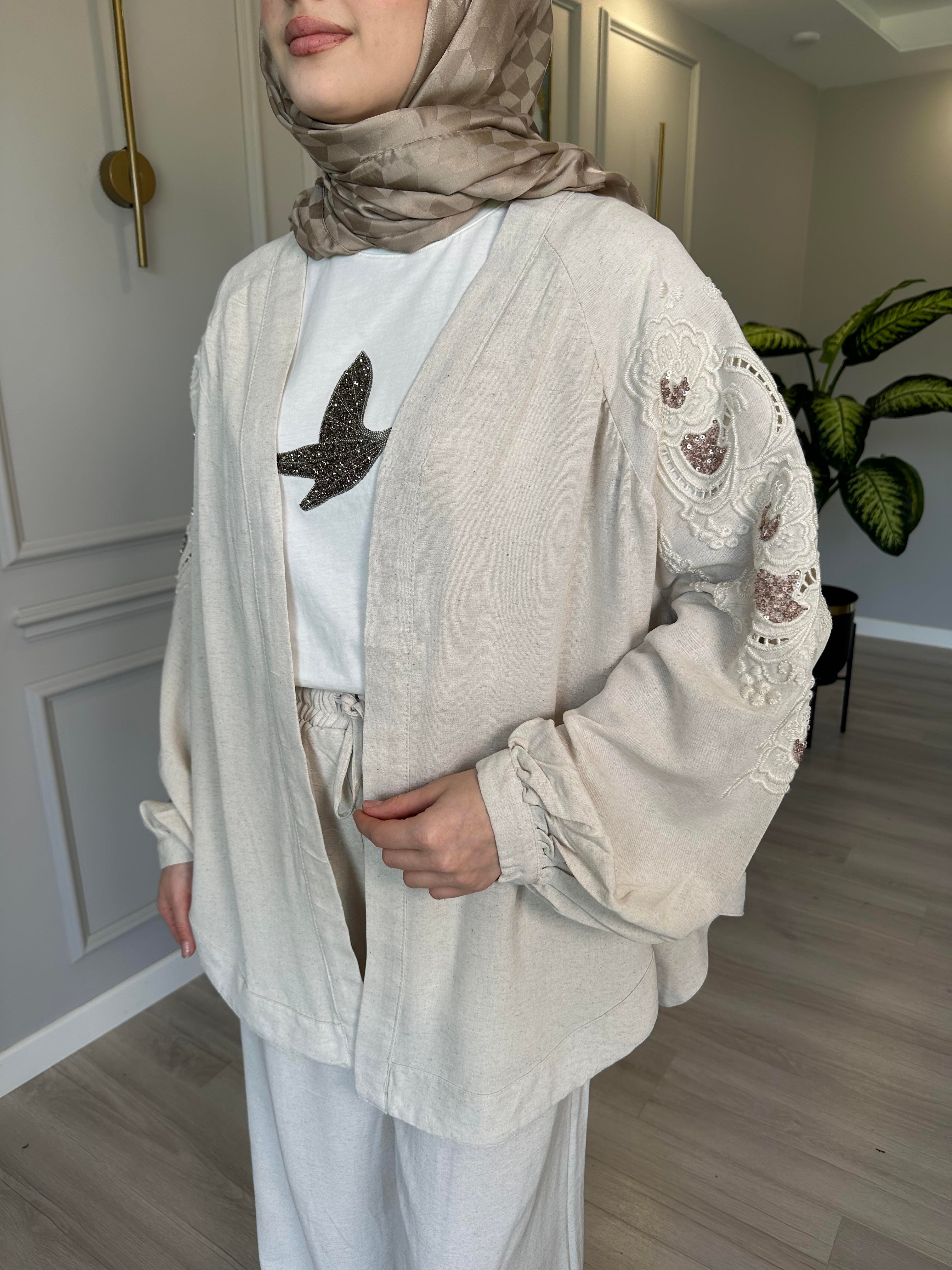 Keten Payet ve Nakış İşlemeli Kimono 2 – Sırtı ve Kolları İşlemeli