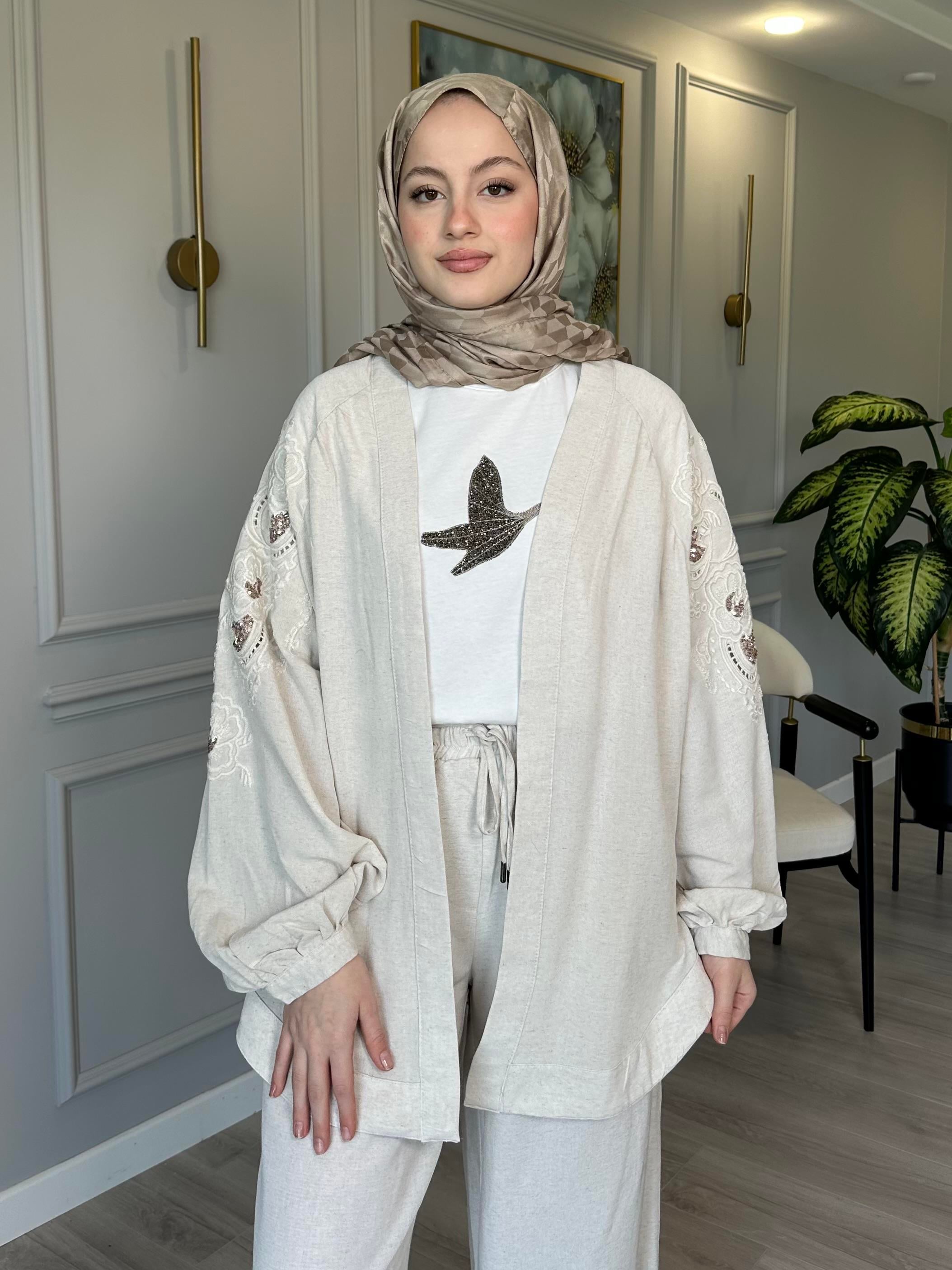 Keten Payet ve Nakış İşlemeli Kimono 2 – Sırtı ve Kolları İşlemeli