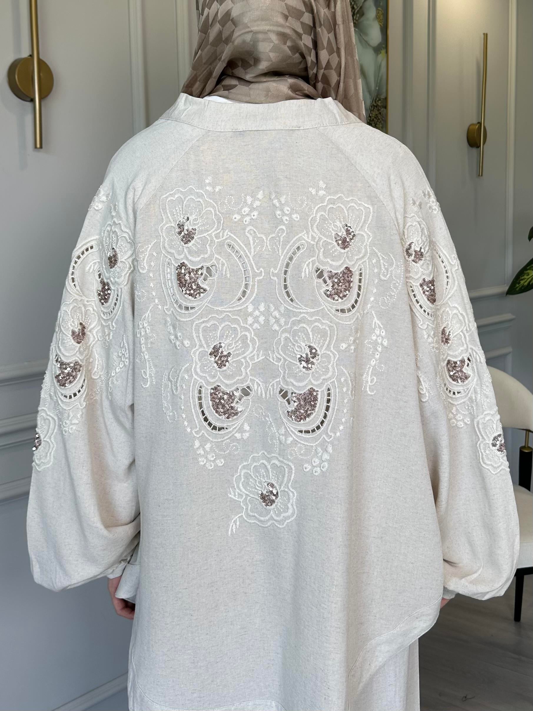 Keten Payet ve Nakış İşlemeli Kimono 2 – Sırtı ve Kolları İşlemeli