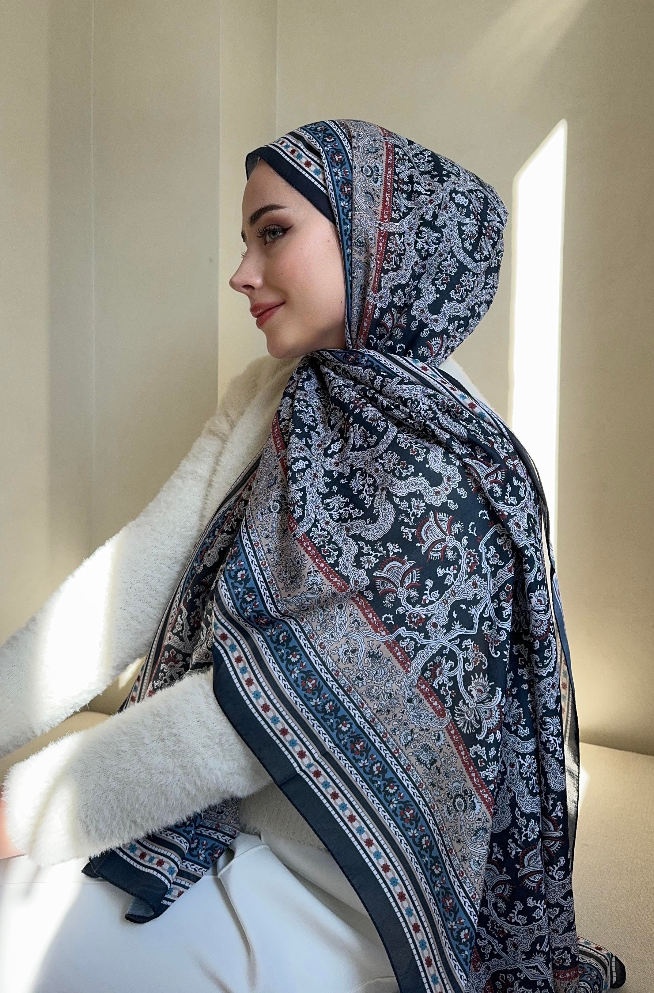 Lacivert Eliza Pamuk İpek Şal 