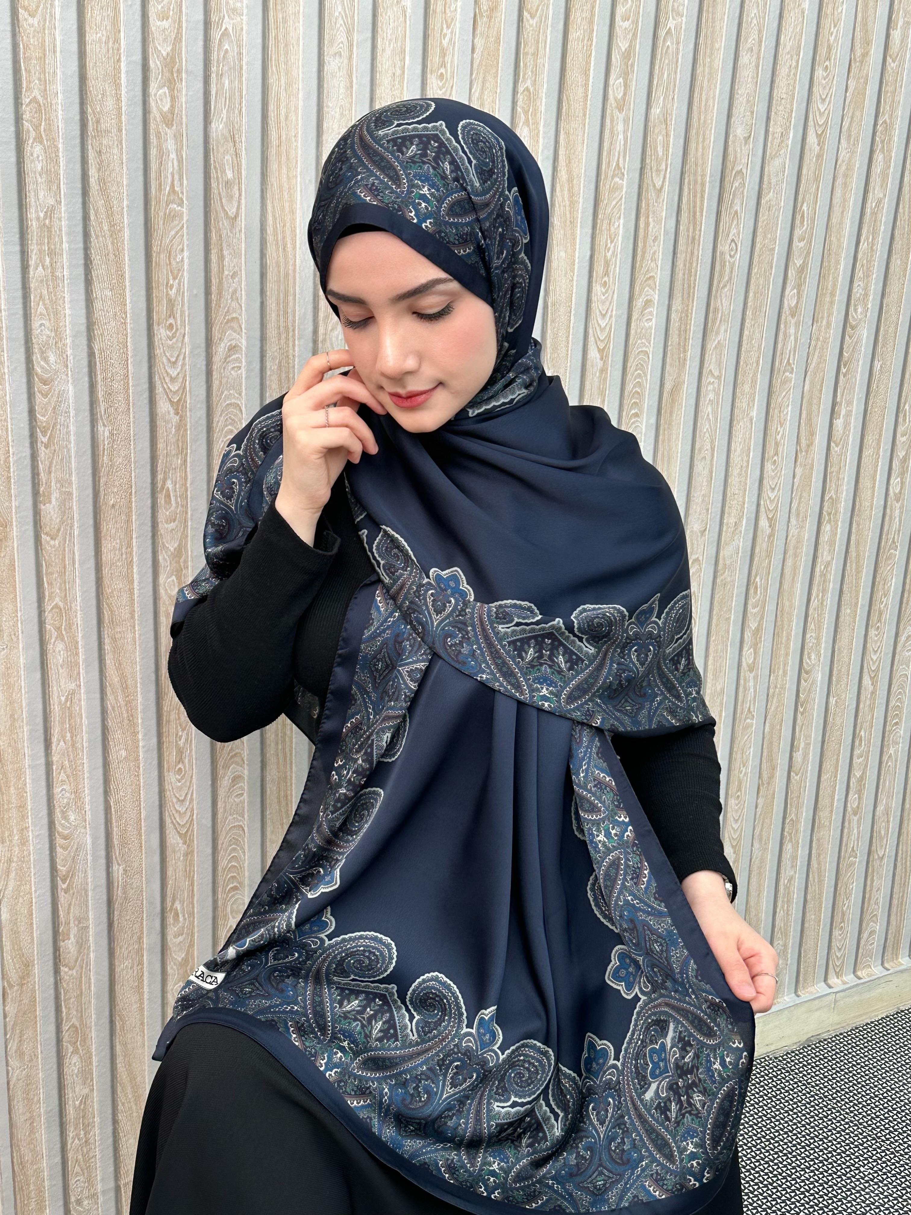Lacivert Roza Deluxe İpek Şal