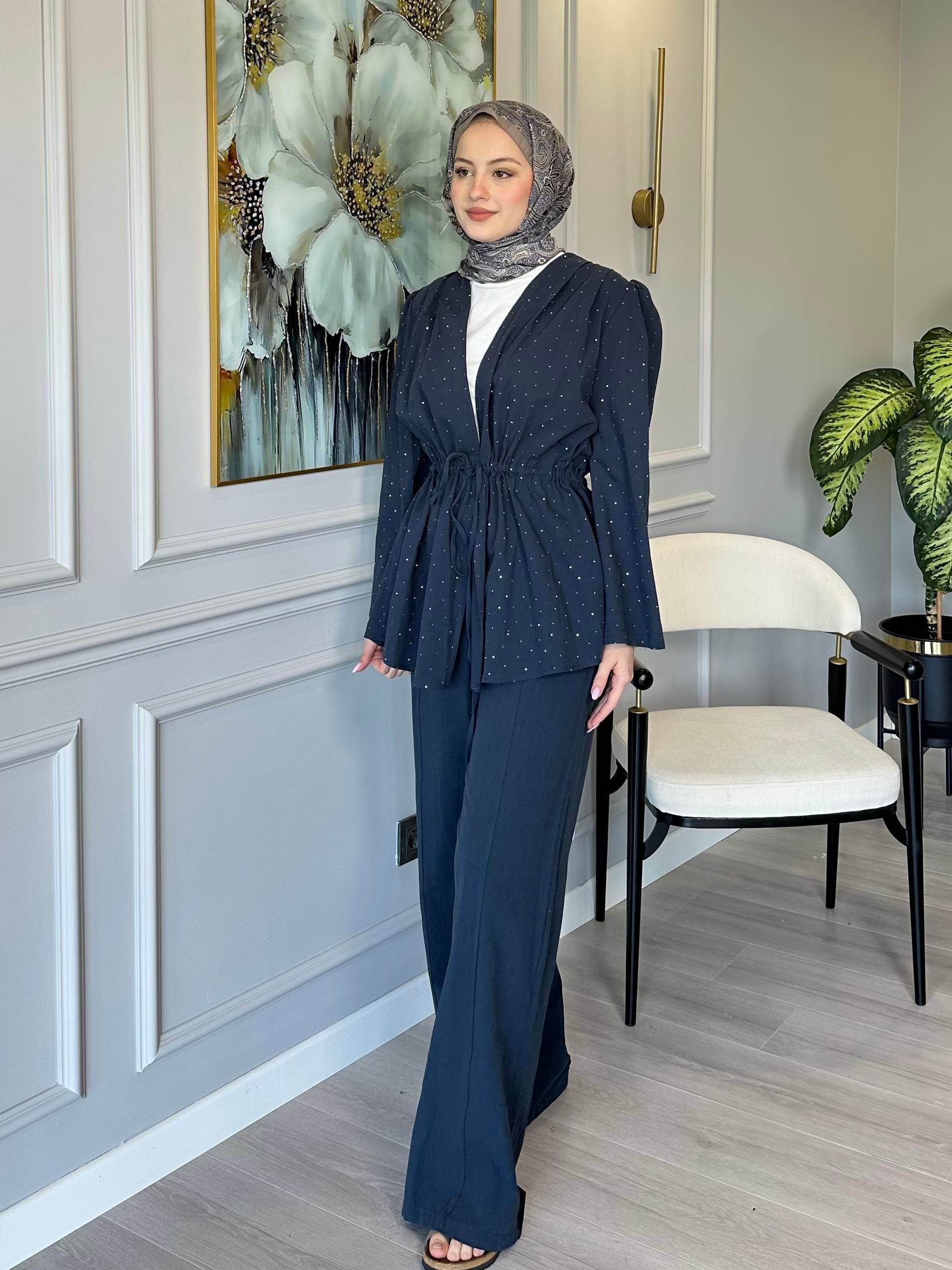Lacivert Taş Detaylı Keten Tunik Pantolon Takım