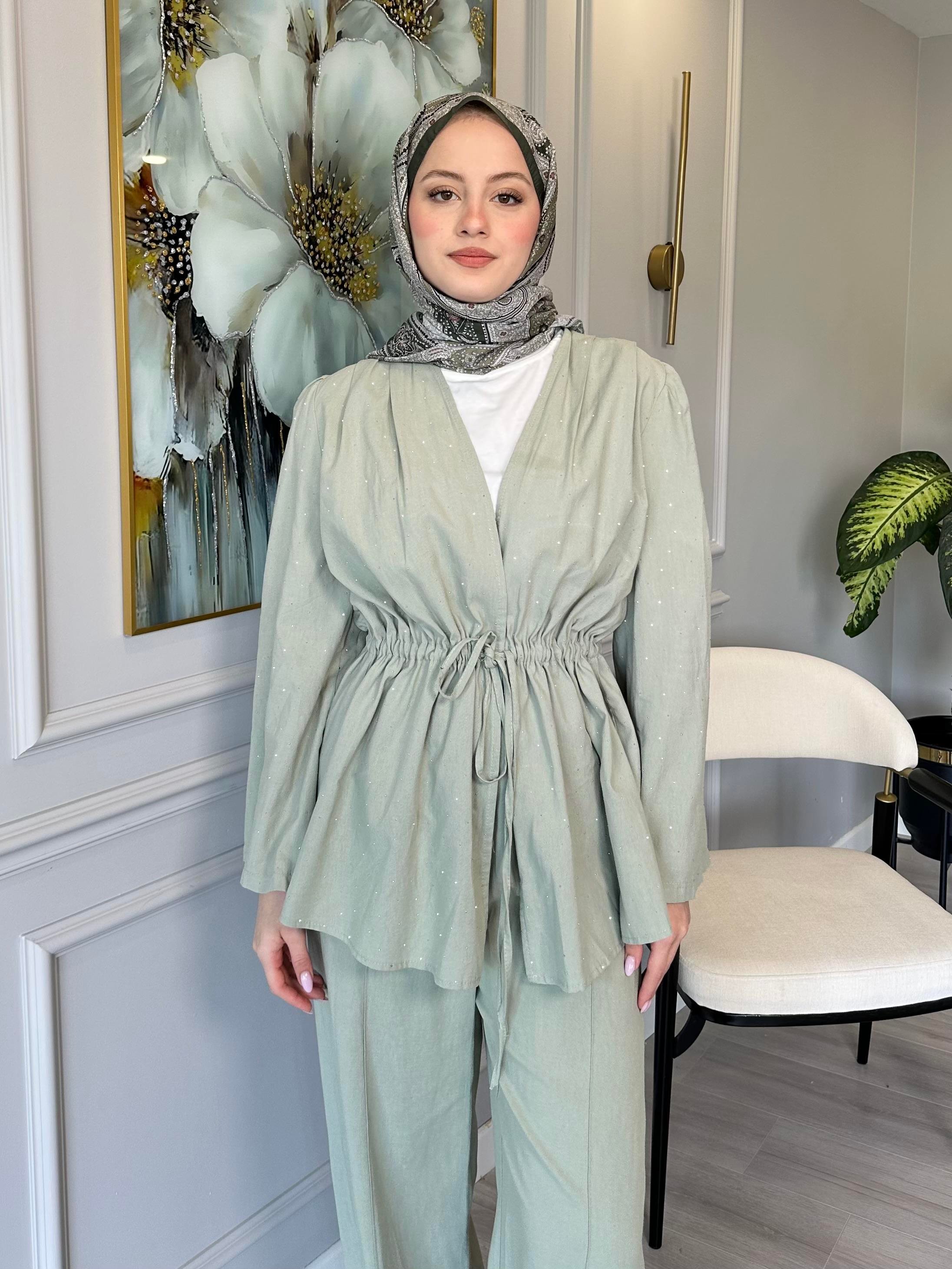 Mint Yeşili Taş Detaylı Keten Tunik Pantolon Takım