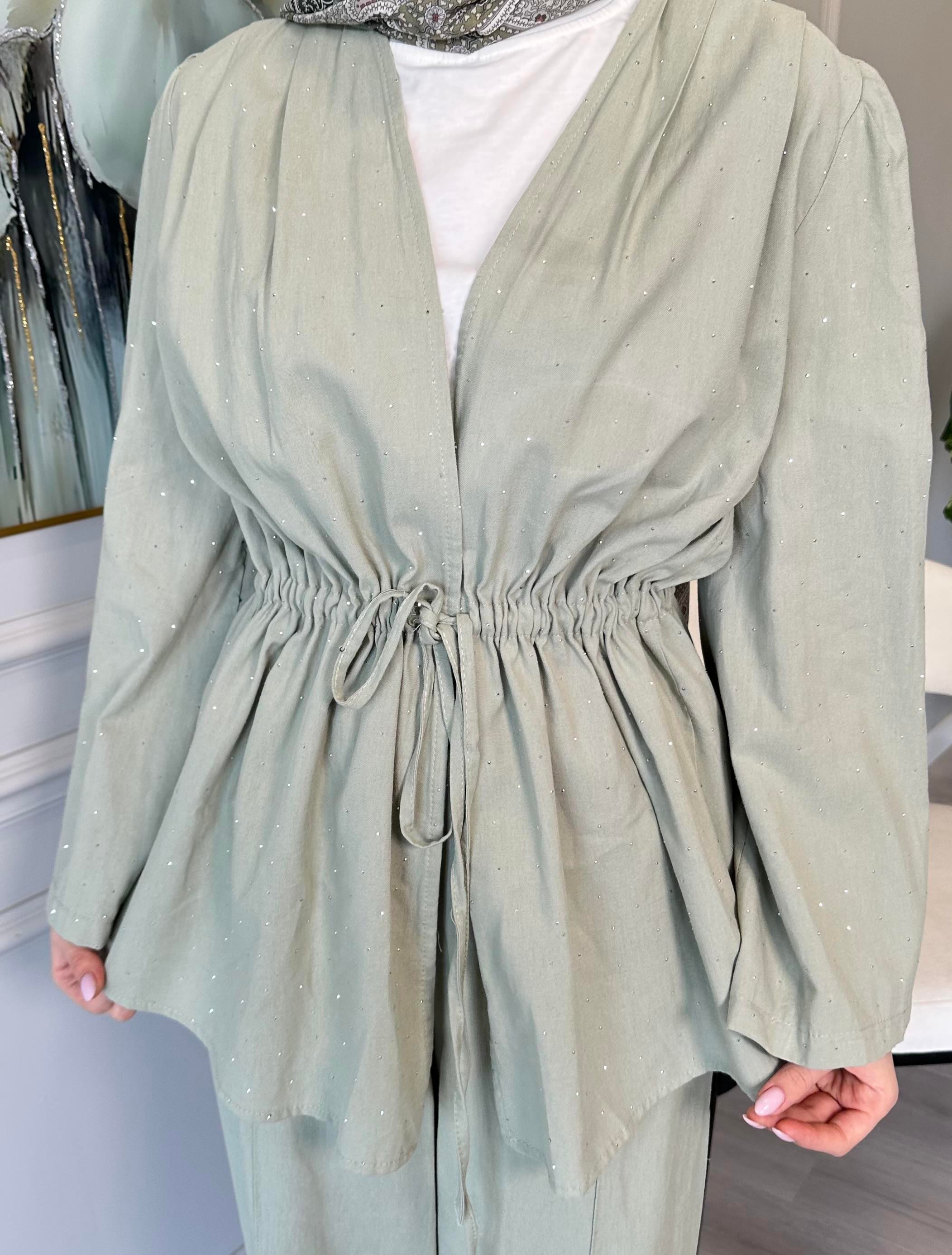 Mint Yeşili Taş Detaylı Keten Tunik Pantolon Takım